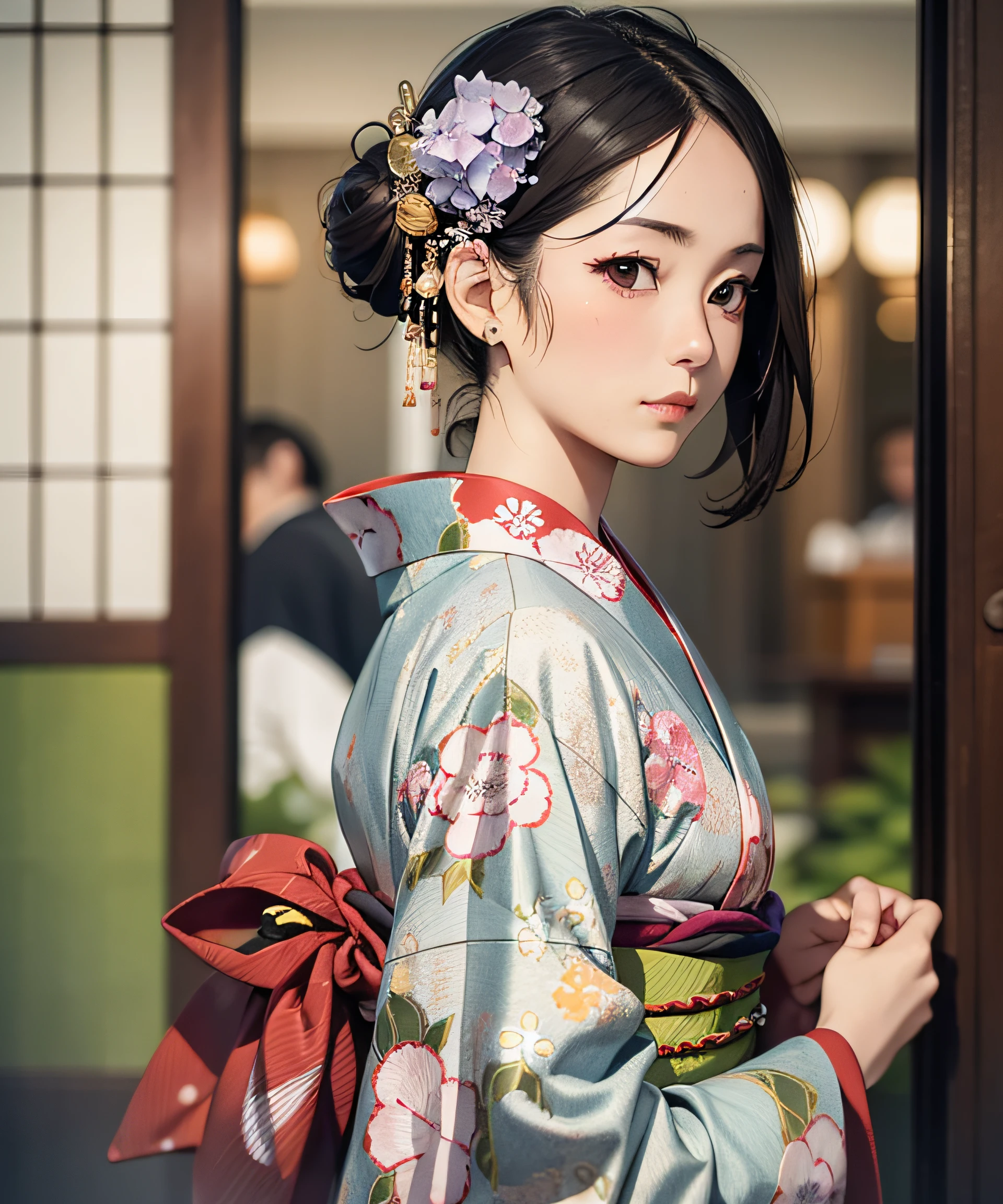 Masterpiece, realistic, Japan kimono woman with unaju, 18 years old, hydrangea patterned kimono, hydrangea shaped hair ornament, photorealistic