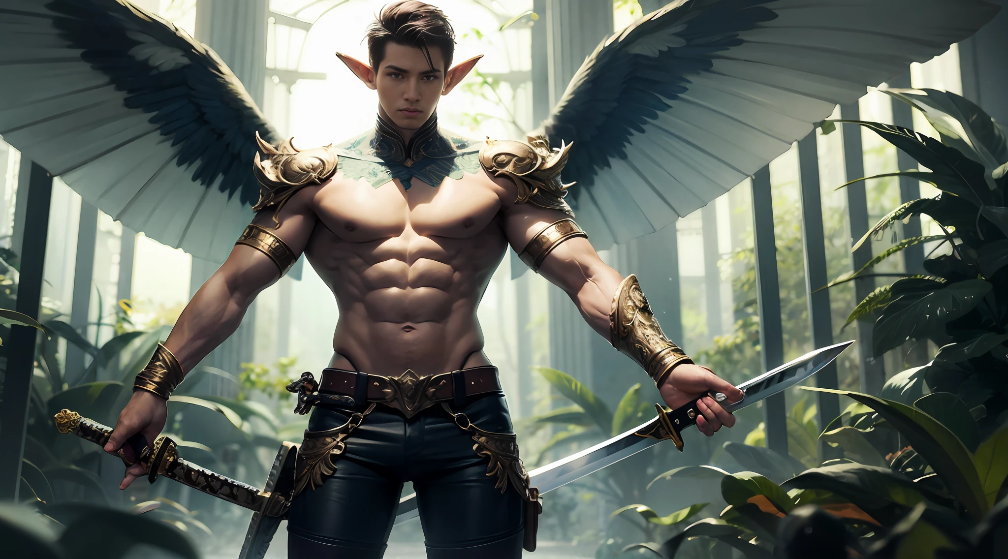 [Buff Toned Male Elf Hero Champion holding sword, proper proportions, male fairy man, chest out, with blue and gold details, large wings, forest in the background, vibrant colors, order of priority, desirable assets, RTX textures, beautiful work, superb craftsmanship, masterfully aligned, extremely intricate, detailed features, defined edges, intense focus, HDRI SDR, pic vid, hyper realistic, high quality,  Maximum resolution, epic composition, cinematic lighting, full shot]:0.5 --auto