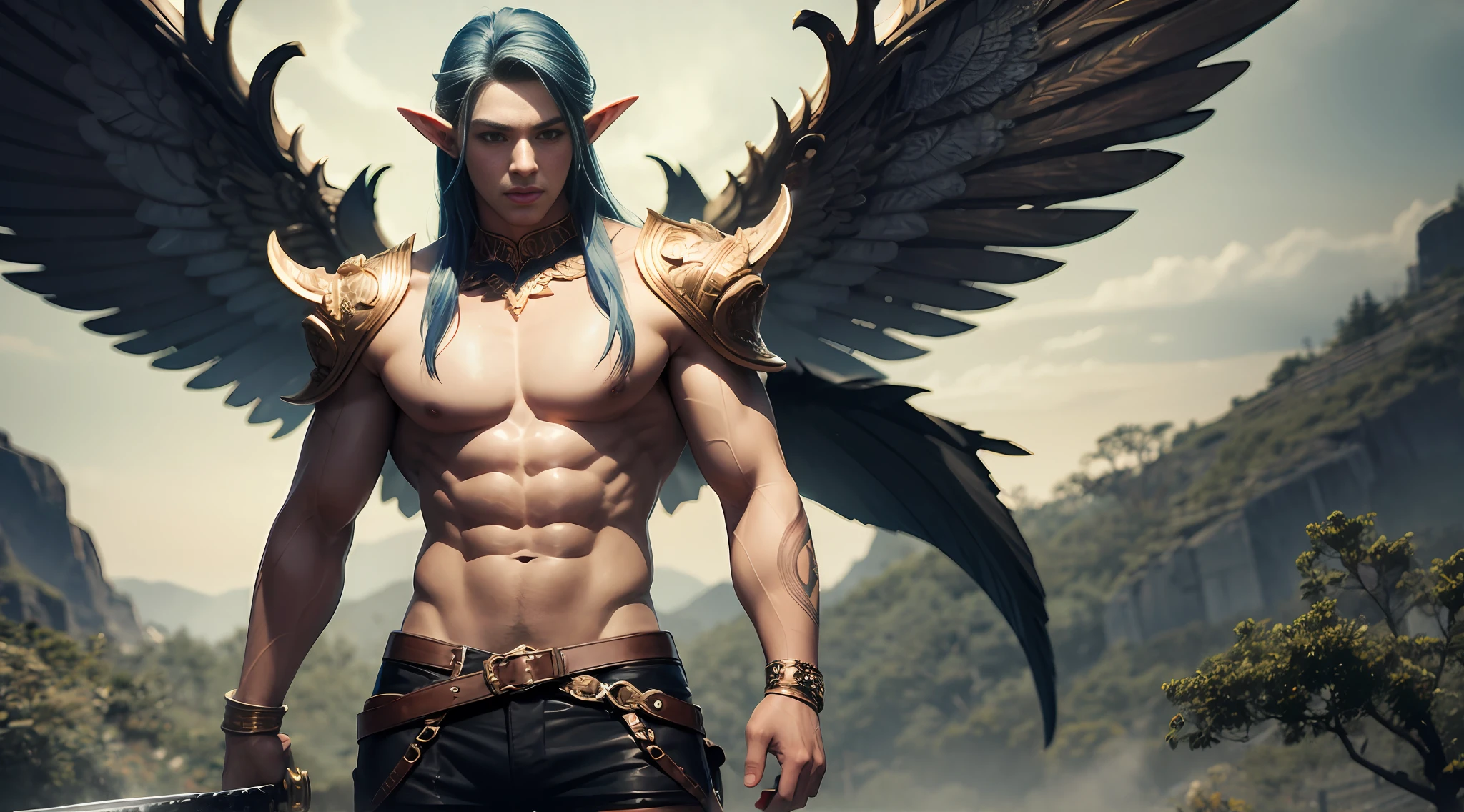 [Buff Toned Male Elf Hero Champion holding sword, proper proportions, male fairy man, chest out, with blue and gold details, large wings, forest in the background, vibrant colors, order of priority, desirable assets, RTX textures, beautiful work, superb craftsmanship, masterfully aligned, extremely intricate, detailed features, defined edges, intense focus, HDRI SDR, pic vid, hyper realistic, high quality,  Maximum resolution, epic composition, cinematic lighting, full shot]:0.5 --auto