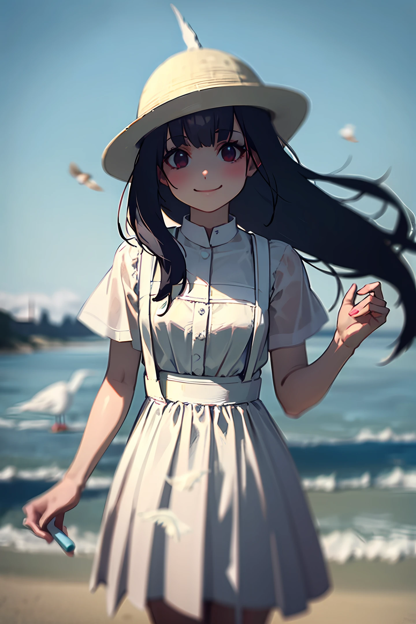 White silk, suspenders, brunet, long hair, straight hair, beach, sideways, smile, hat, white dress, seagull, ice cream