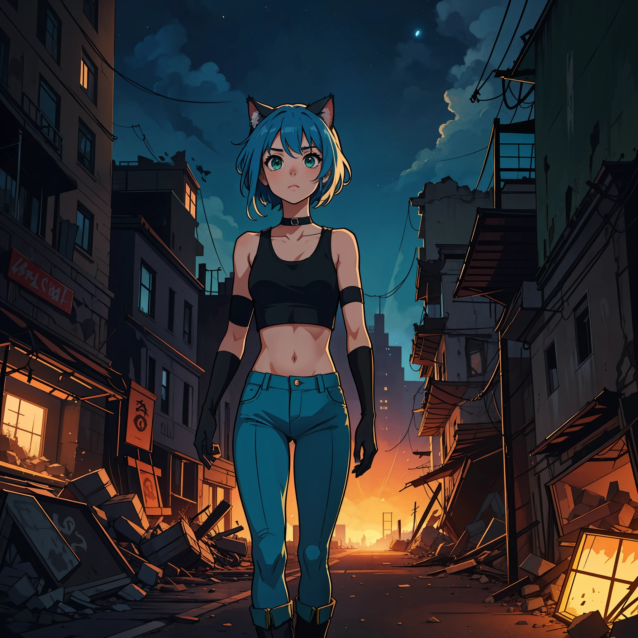 1A girl, small chest, blue hair, disheveled abundant hair, straight hair, cat ears, brown skin, green eyes, blue pants, high black boots, black croptop, high black gloves, young, apocalyptic background, Ruins, destroyed city, night, anime, 2d, cartoon, comic, high quality