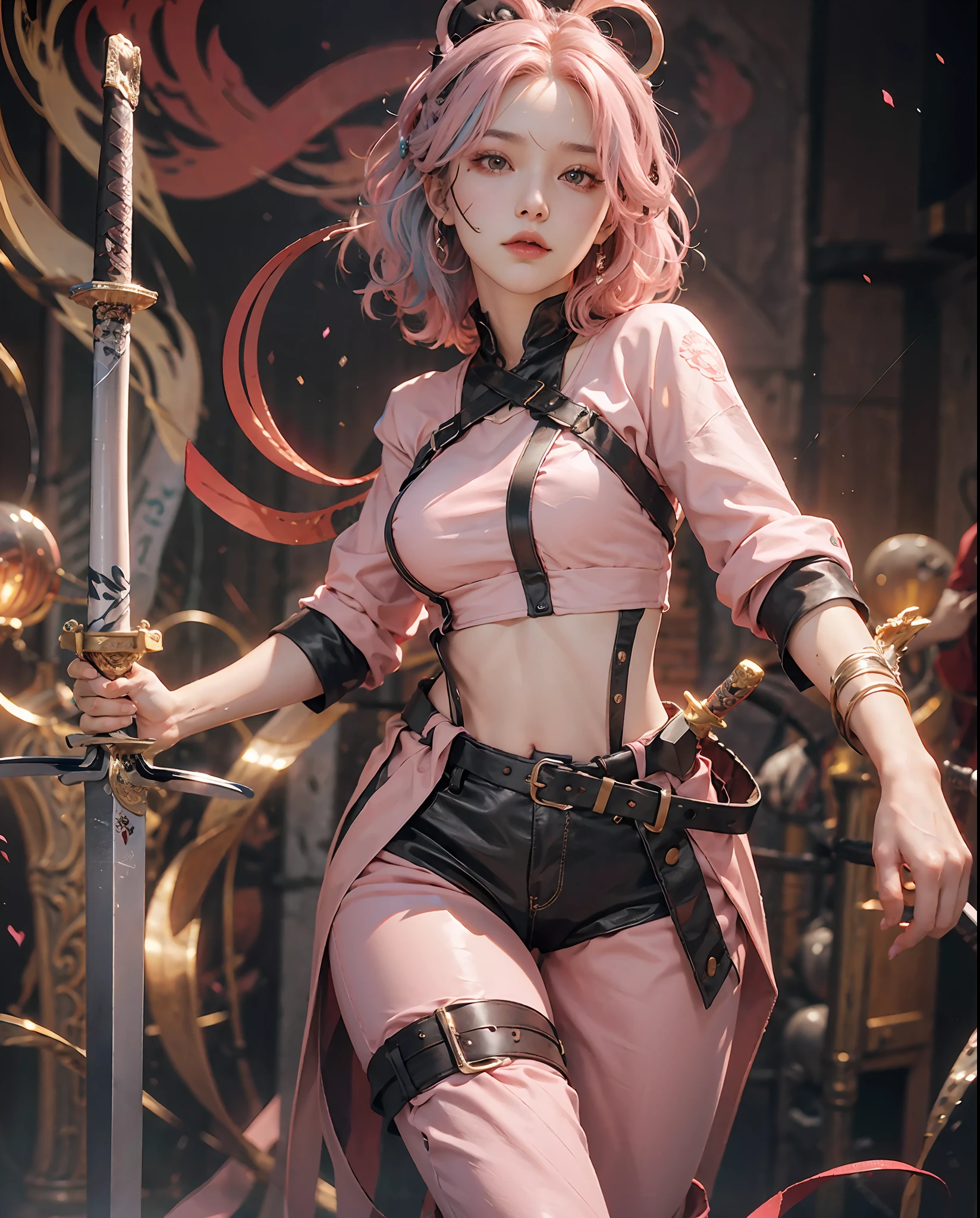official art, very detailed CG unified 8k wallpaper, super detailed, high resolution, beautiful detailed girl, very detailed eyes and face, dynamic pose ,beautiful detailed eyes, light on face, movie lights, ( leather pants)), 1girl, full body, full body photo, looking at the audience, ((light pink hair)), red eyes, ((bliss)), best detailed background, ((cosplay), short hair, ((holding a long sword)) sci-fi blockbuster scene