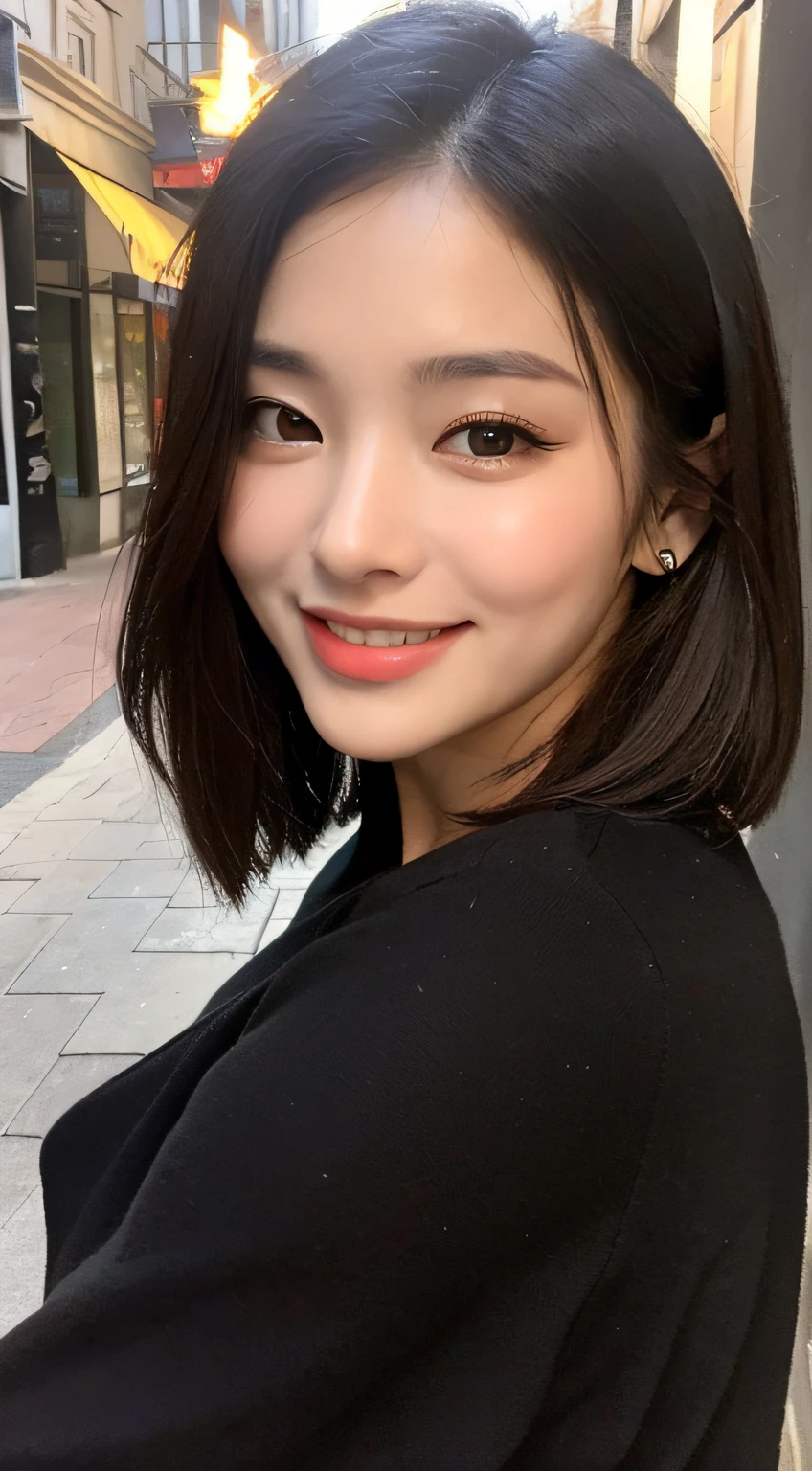 ((top quality, 64K, masterpiece: 1.3, UHD), (realistic, photorealistic: 1.37), sharp focus: 1.2, beautiful woman with perfect style: 1.4, slender abs: 1.2, ((black hair, short hair, big: 1.2, smile)), highly detailed face and skin texture, detailed eyes, double eyelids, super detailed, girl alone, beautiful detailed moon, night, walking in the city, dating), (smile: 1.15), (closed mouth), beautiful fine eyes, café bar, night