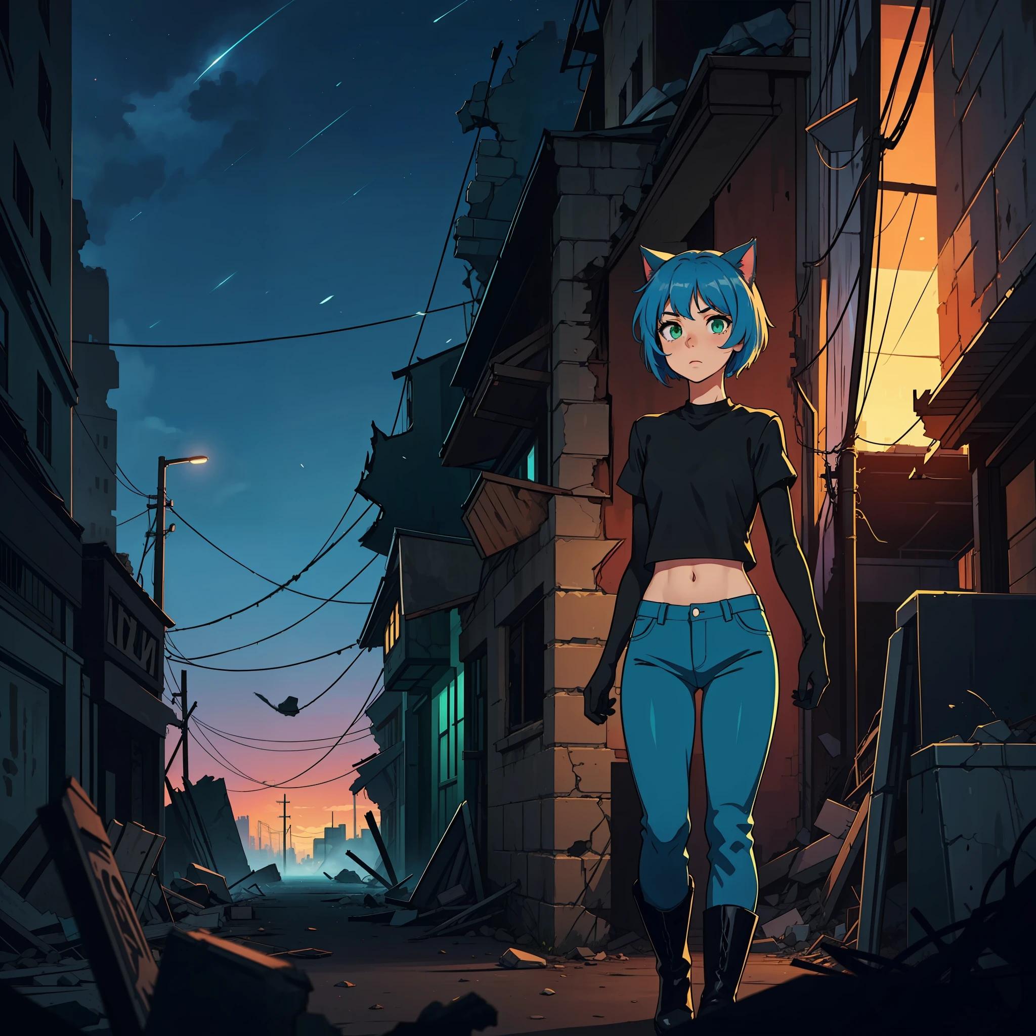 1A girl, small chest, blue hair, disheveled abundant hair, straight hair, cat ears, brown skin, green eyes, blue pants, high black boots, black croptop, high black gloves, young, apocalyptic background, Ruins, destroyed city, night, anime, 2d, cartoon, comic, high quality