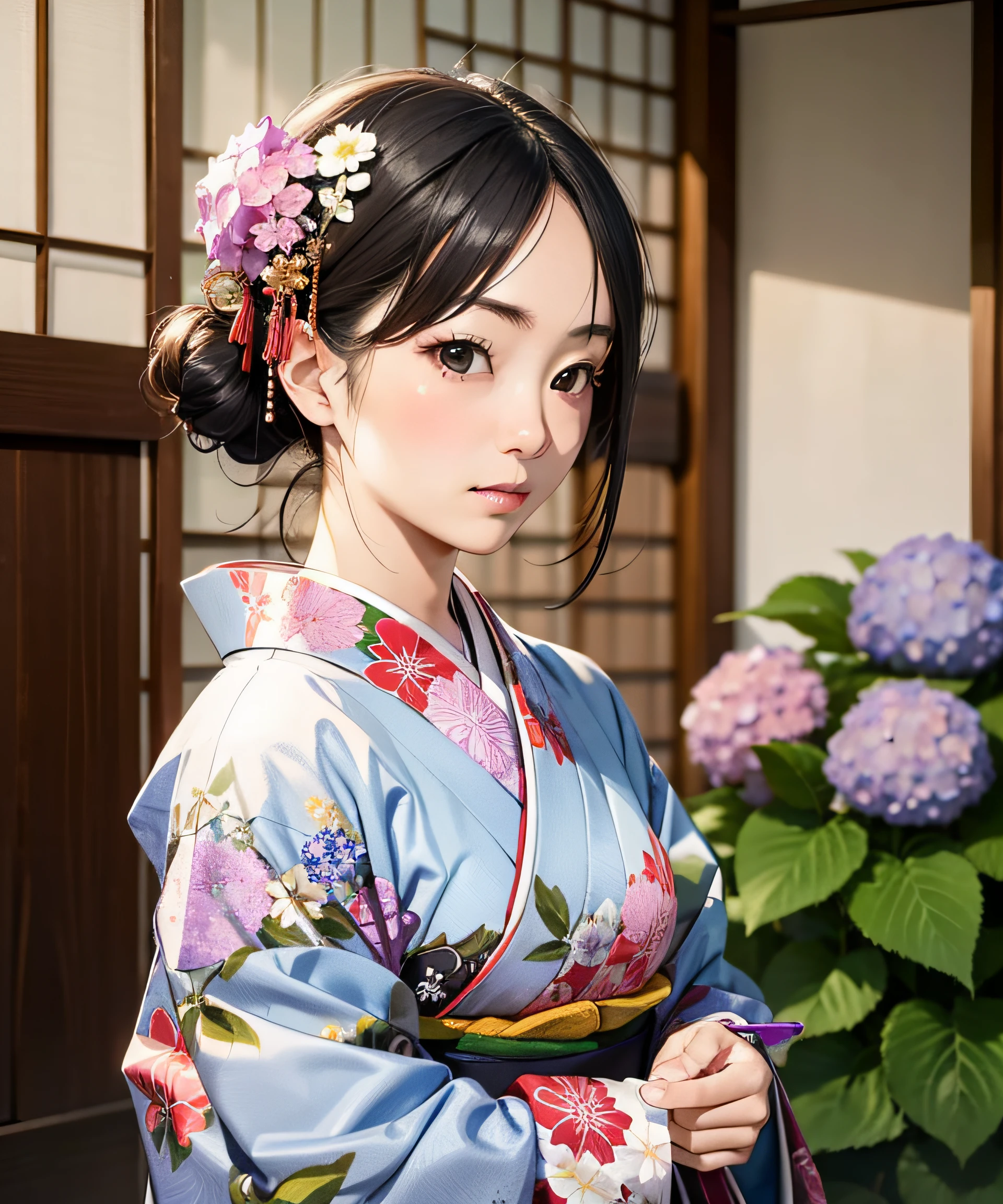 Masterpiece, realistic, Japan kimono woman with unaju, 18 years old, hydrangea patterned kimono, hydrangea shaped hair ornament, photorealistic