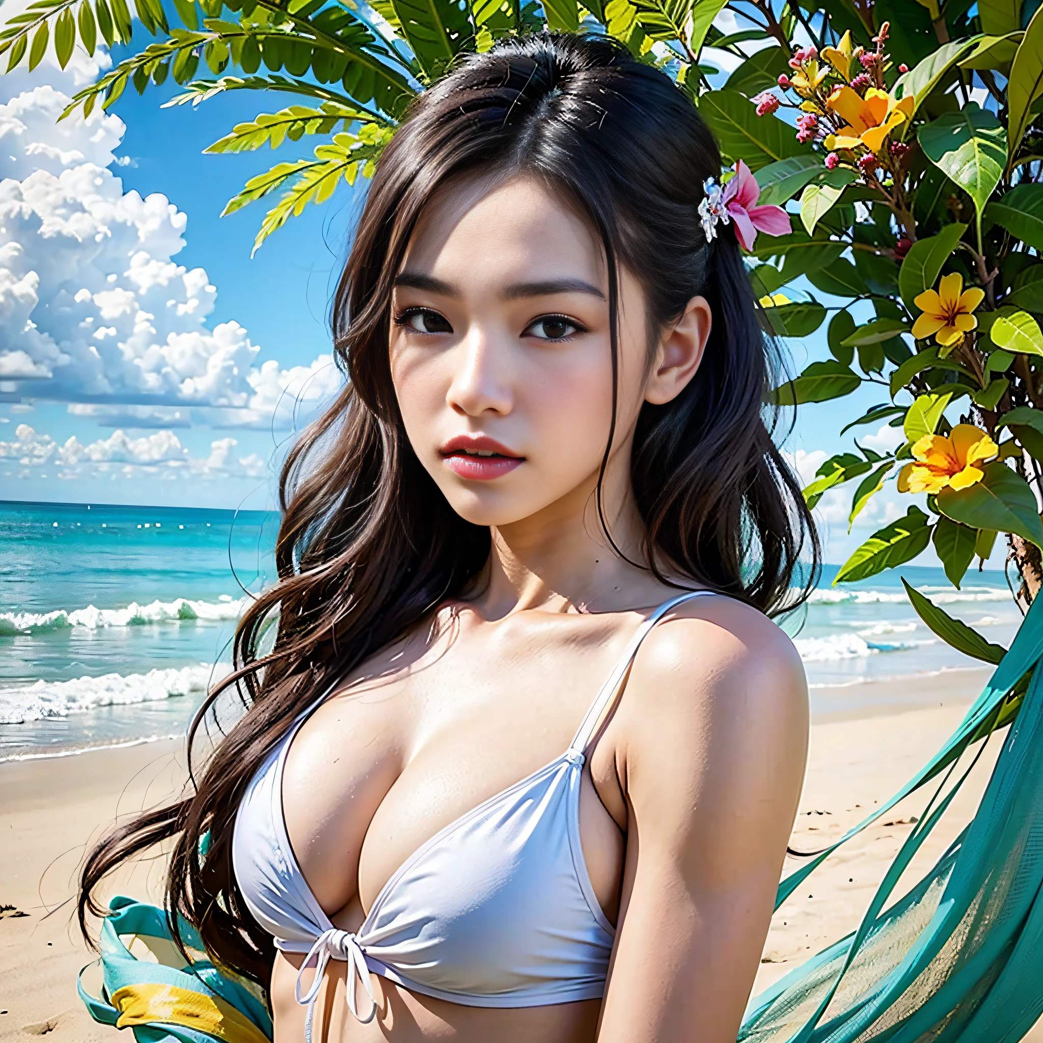 1girl, masterpiece, 16K, tropical beach, alafed asian woman in bikini, swimwear, Japan model,pale colored bikini, perfect anatomy, beautiful face, crystal clear sea, double eyelids,