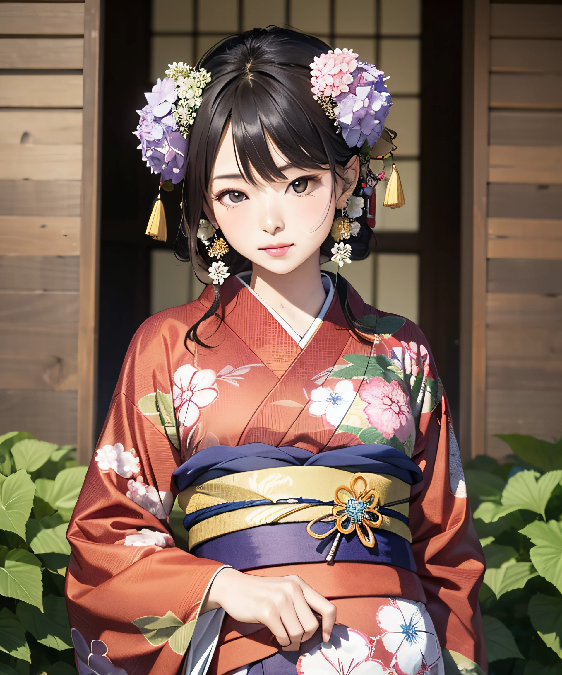 Masterpiece, realistic, Japan kimono woman with unaju, 18 years old, hydrangea patterned kimono, hydrangea shaped hair ornament, photorealistic, one black child around the eyes