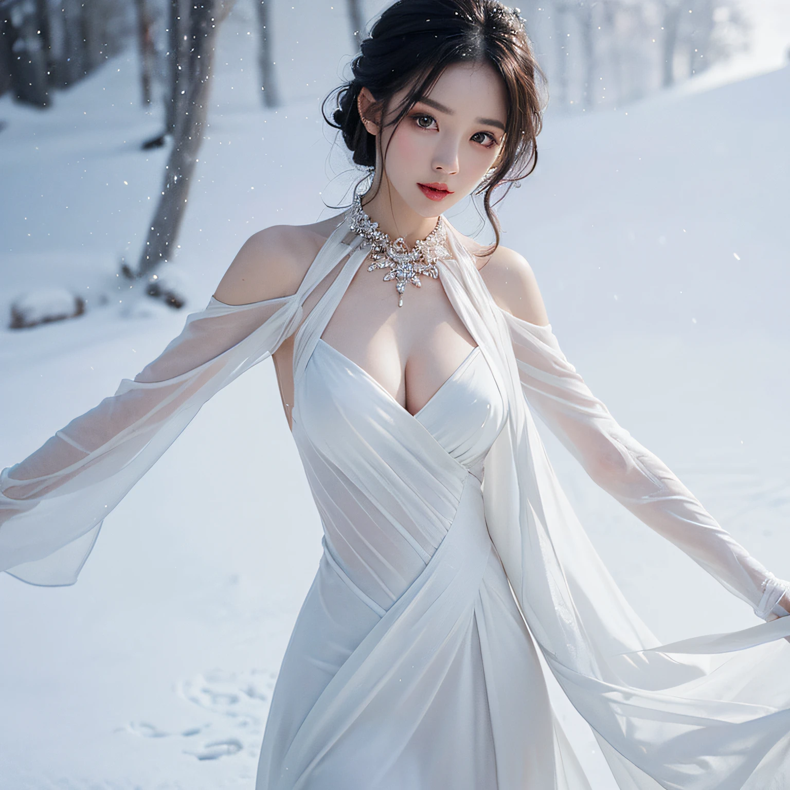 Master of masterpieces, best quality, stunning beauty, 1 mother, black and white, she is a model, wearing a stylish dress, slim and attractive, she is 38 years old, her eyes are blue, snow-white skin, tall chest. --auto