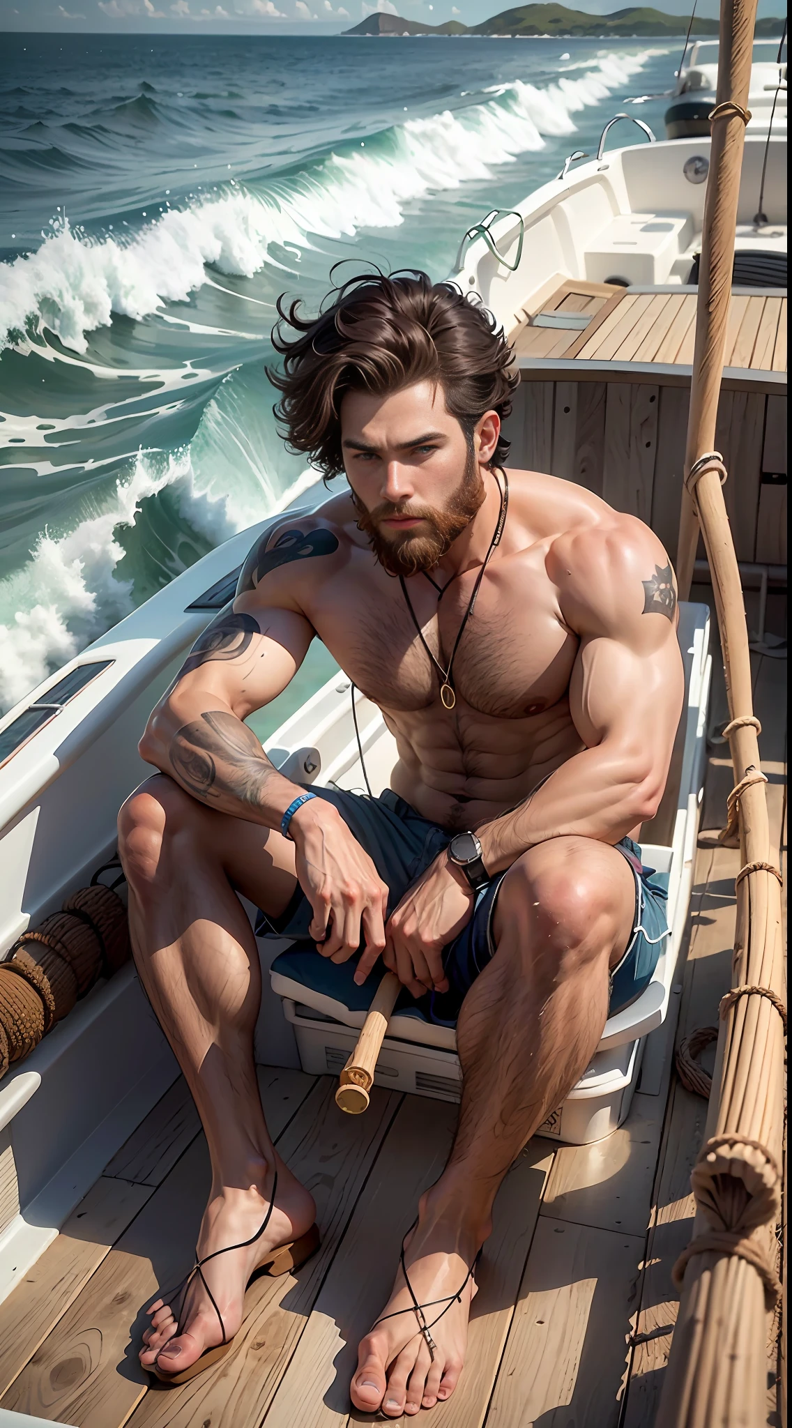 two men, one man 24 years old short black hair Hispanic look, other man in his mid 30s, fishing from the boat, fishing sticks, holding fishing sticks, looking at the ocean, big hair, big nose, big head, messy hair, ginger hair, ginger big beard, sunburns, nothing around him but vast ocean, boat in the middle of an ocean, no shirt, bare foot, wearing only shorts, survivor, cast away, skinny, no muscles