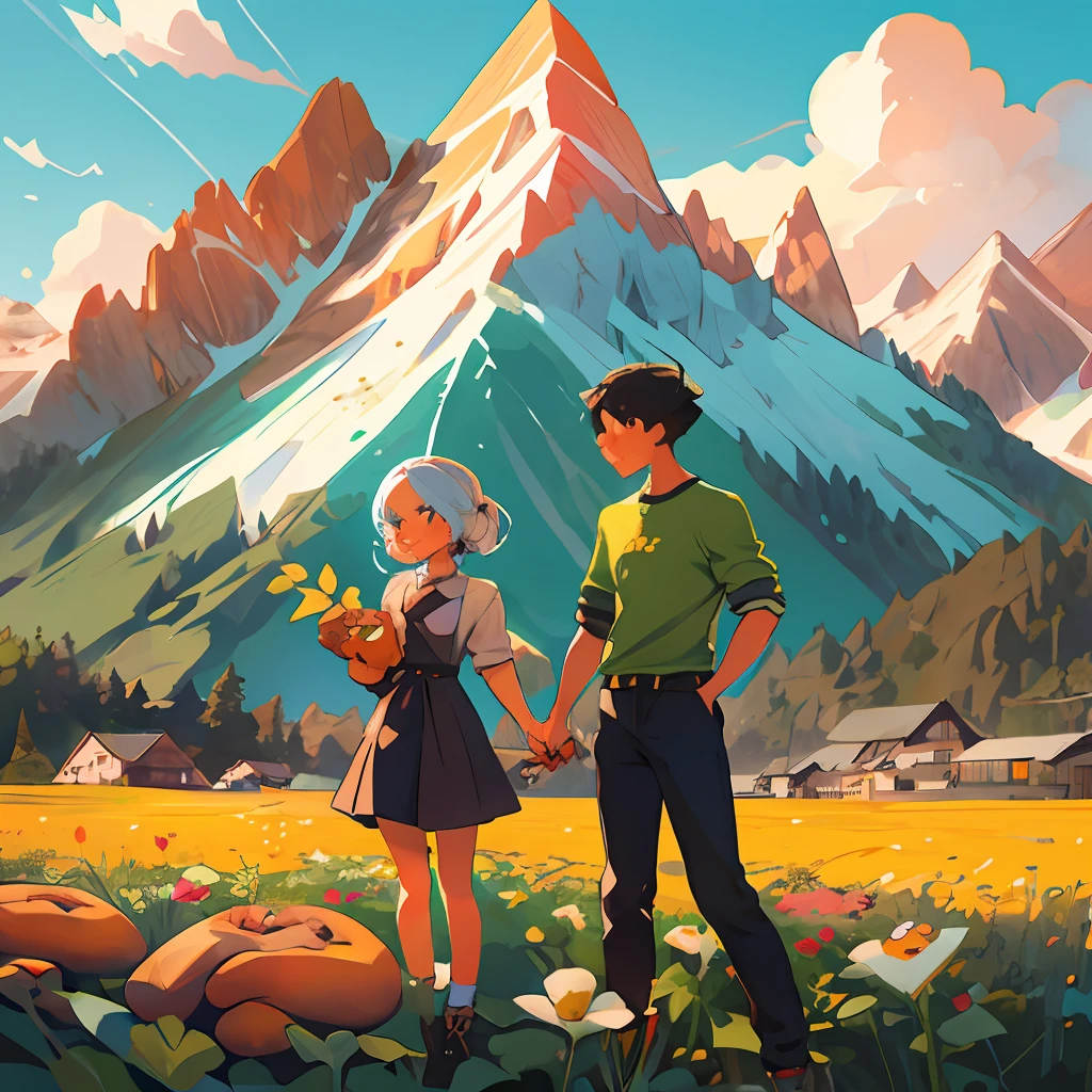 Cute illustration, boy and girl, holding sweet potato, mountain, blooming, sky
