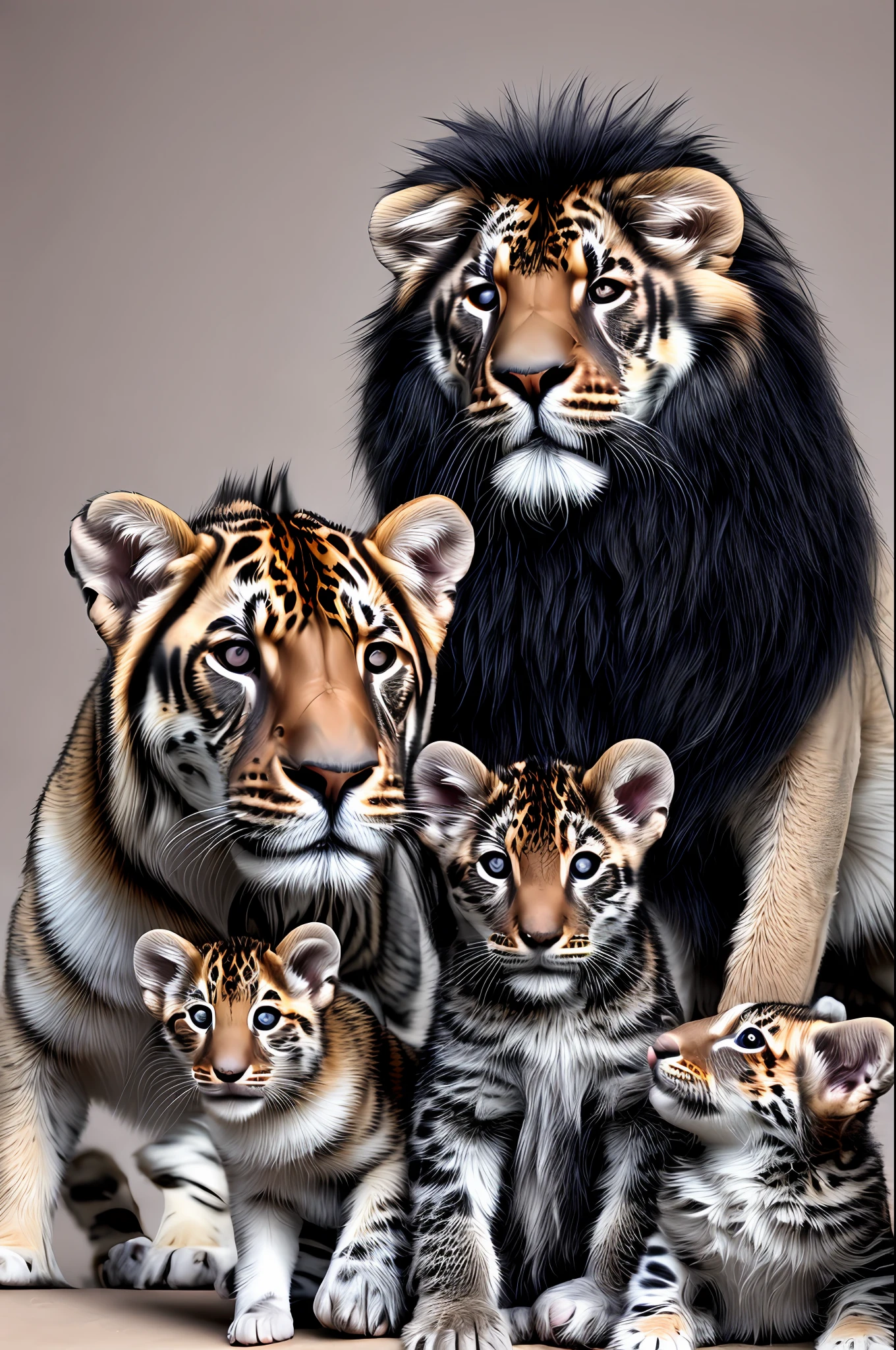Lion, lioness and cubs in a pose for the photo, all osgulhose and beautiful. The hairs are realidtas. The cute and innocent puppies. The lion's mane is imposing and the feline lioness protective. With a deep black background the image focuses only on the animals. Award-winning photography, UHD, 8K