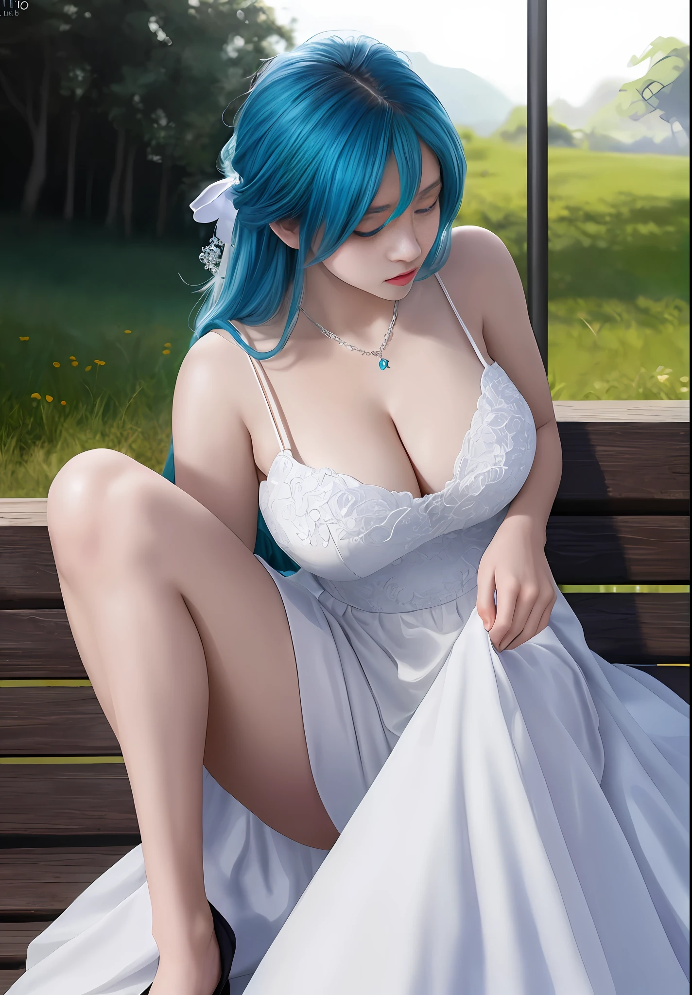 Top quality, 8k, 32k, Masterpiece, photo realistic, realistic, beautiful cosplay girl sitting on a bench in the park with blue hair, seductive cosplay girl, trending on artstation pixiv, cosplay goddess, beautiful cosplay girl squatting, fine anime cg art, 8k high quality detail art , [4k digital art]!!, professional makeup, necklace, very big breasted woman, (seductive pose), Sexy, beautiful white face shining, beautiful face, pink cheeks, beautiful lips, porcelain skin, detail intricate, super detailed, super high, highest detailed, high detailed, delicate, incredible detailed, fine detailed, cinematic lighting, top quality, masterpiece, smooth and beautiful, CG , unity, 8k wallpaper, Stunning, fine detail, unity CG wallpaper 8k ultra detailed, large file size, ultra detailed, high resolution, incredible detail, stunning detail, depth of field, oil painting effect in Rembrandt art style, concept portrait art in Stanley Artgerm Lau style, WLOP, trending on Artstation, epic, trend in society, detailed digital painting, very high quality model.