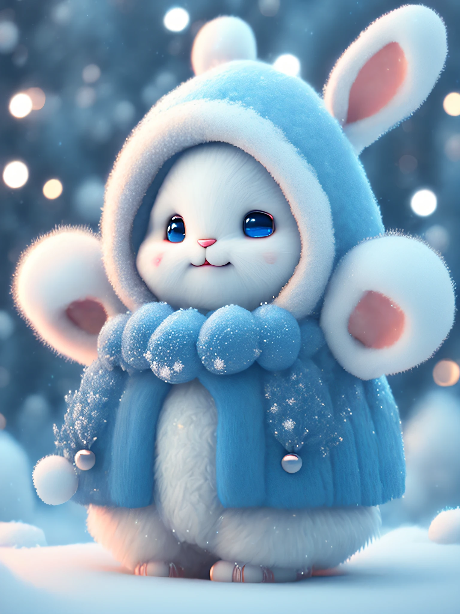 A winter full of regrets, drifting snow, super cute Pixar style blue white rabbit, sparkling snow white fluffy, bright big eyes, furry tail, wearing a cyan sweater, wearing a cyan hat, smiling, sophisticated, fairy tale, incredibly high detail, Pixar style, bright colors, natural light, simple background in solid colors, cinema lens, 5 and octane rendering, artstation trend, gorgeous, ultra wide angle, 8k, HD realistic, 8k HD, mobile pictures, v 4 q 2 2