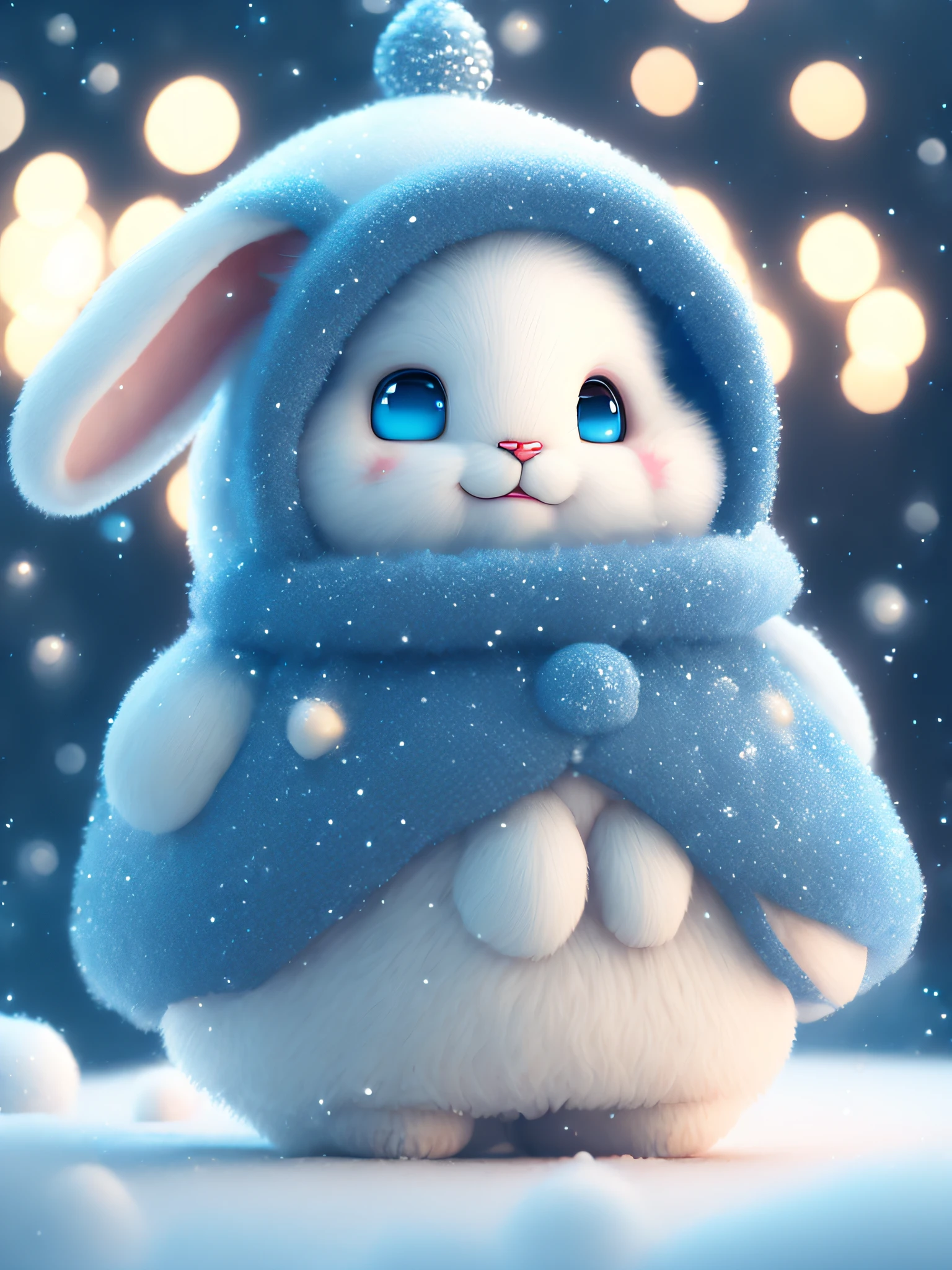 A winter full of regrets, drifting snow, super cute Pixar style blue white rabbit, sparkling snow white fluffy, bright big eyes, furry tail, wearing a cyan sweater, wearing a cyan hat, smiling, sophisticated, fairy tale, incredibly high detail, Pixar style, bright colors, natural light, simple background in solid colors, cinema lens, 5 and octane rendering, artstation trend, gorgeous, ultra wide angle, 8k, HD realistic, 8k HD, mobile pictures, v 4 q 2 2