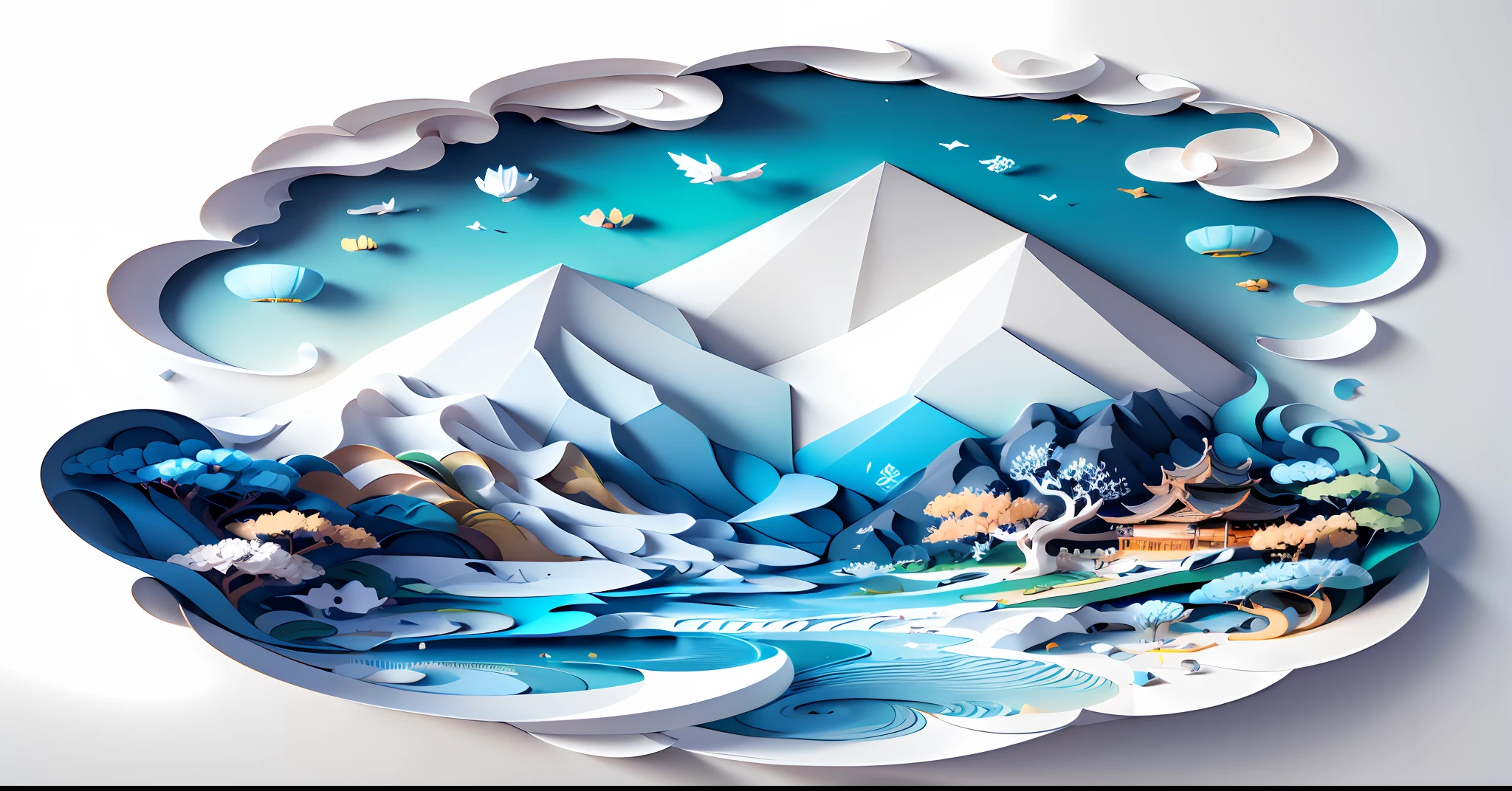 Traditional Chinese landscape painting, paper creation, 3D stereoscopic rendering, color gradient from white to light blue, 4K resolution, simple and natural composition, :white background, fresh and vulgar style. (:nature:)