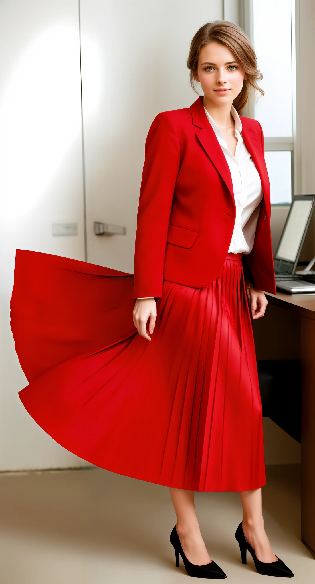 authentic (very shy) good woman wearing a short blazer with a very very detailed (long (fully pleated) full circle skirt) and (simple) low heeled office shoes, very very intricate hyper-detailed symmetric (attractive graceful young feminine face) with (sad, tired eyes and shy smile:1,8), full of empathy and compassion and love, (pronounced (feminine) features), (highly detailed ultra accurate realistic) hands and fingers, (windy conditions and wind blowing), epic composition, highly detailed attributes, highly detailed atmosphere, (35mm f1.4 Kodak portra 400 photograph), extremely high quality RAW photograph, intricate, Exquisite details and textures,