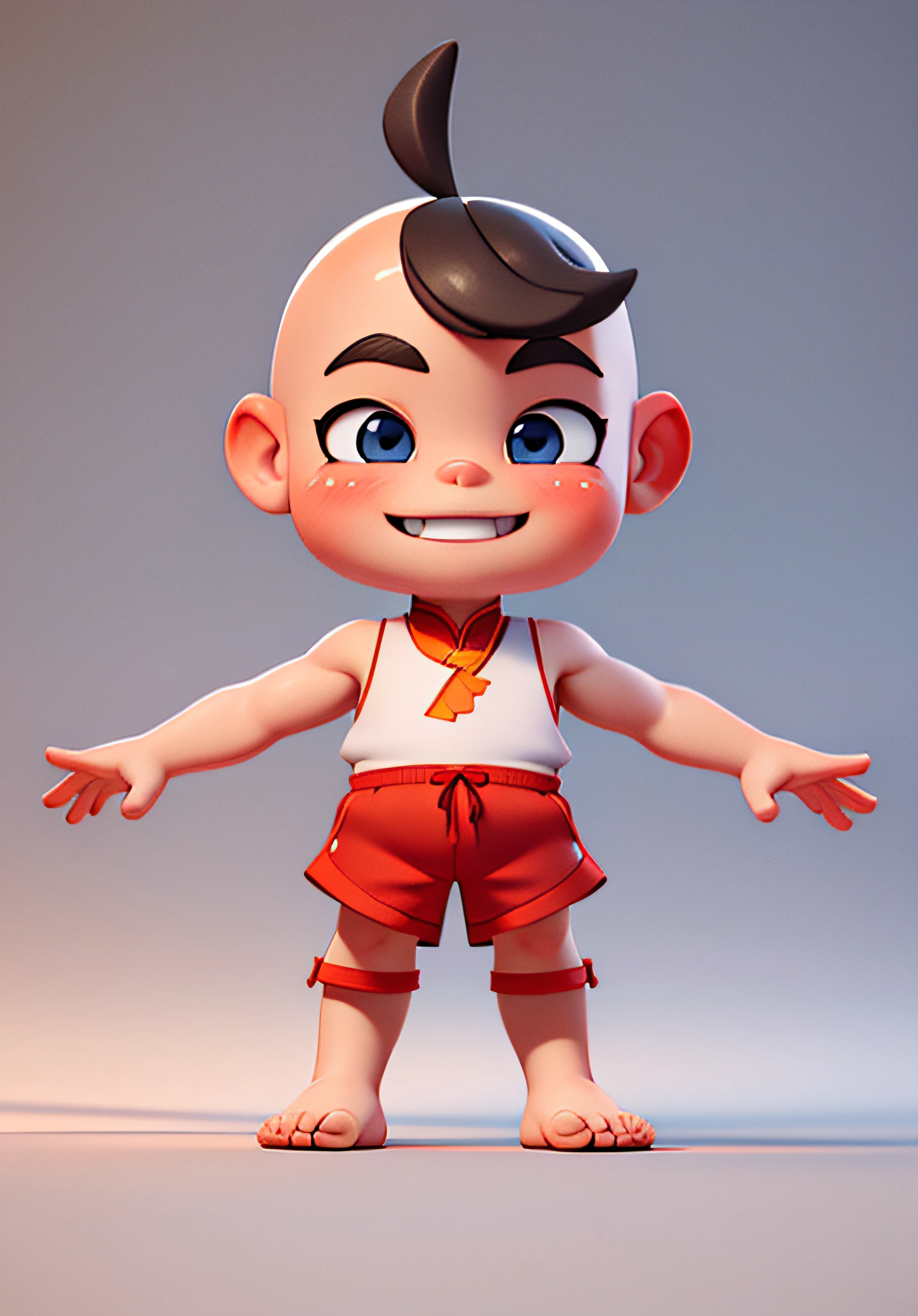(Masterpiece: 1.3), (Best Quality: 1.3), (Masterpiece: 1.3), (Best Quality: 1.3), (8K: 1.5), (Ultra High Resolution), Full Body, (Bicephal: 2), (Natural Skin Texture), (Beautiful and Beautiful), (Very Detailed CG, Intricate Details), White Background, (White Background: 1.5), .pixar, 3D, C4D, blender, 1 Boy, Cute, Happy Face, Bald Head, Solo, (Chinese Style: 1.5), sleeveless, red shorts, red single belly pocket, bare feet, thin eyebrows