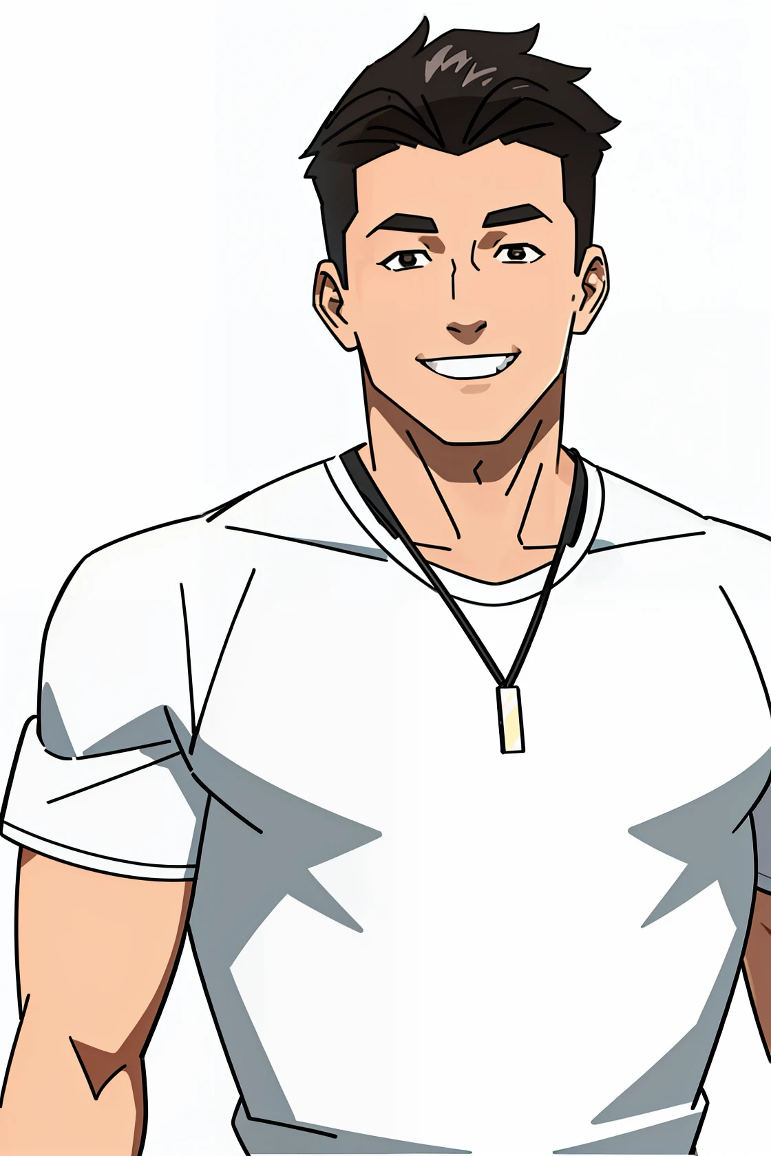 masterpiece, best quality 1boy,walking male focus,solo,smile,, muscular male, short hair, looking at viewer, white shirt, upper body, jacket, white background, smile, open jacket, teeth, simple bottom, chain necklace,
