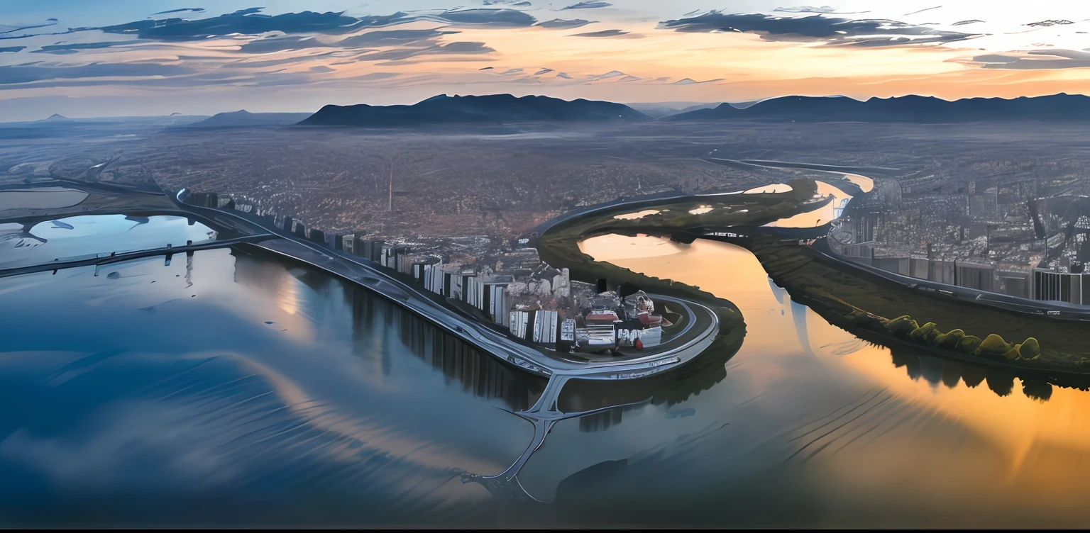 A river runs through the city, wide-angle river, beautiful panoramic image, aerial view of the city, panorama, "aerial view of the mountain, wide angle shot from above, wide river and lake, panorama, ultra-wide angle view, wide-angle aerial photography, panorama, upper view