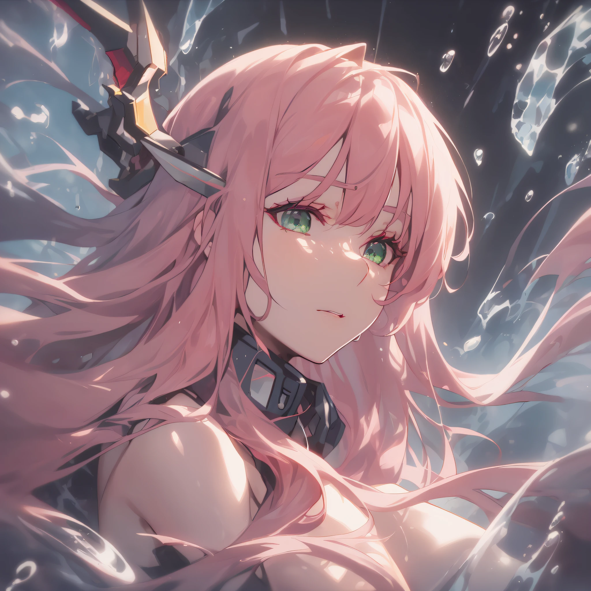 (2D Animation Style: 1.4), (Japanese Animation: 1.9), HD, (Golden Lighting: 1, 4), White Skin, Full Image Light, Mecha, Horn, (Clear Eyes), White Sunlight, Hair Glowing, (((Falling Raindrops))), (Dear in Franks\), Dear in Franks, 1 girl, bangs, shadows, Danphoenix eyes, small eyes, long hair, Looking at the audience, closing eyes, ((((full))), standing, mecha clothes, Mechanical, green_eyes, water, simple_background, air_bubble, (lighting: 1.3), sun on face, lipstick, makeup, pink hair, red eye shadow, close_up face, girly, tight skin, solo, n-twist, calm, (18 years old), (rich details), (twist: 1.4), hair full of light to white, white background, (horizontal shoot: 1.3), front face, close-up, (background blurred), (green eyes), top face, light particles, lighting on face and pink hair, dragon horn, hair band, strong light, delicate skin, delicate light, long eyelashes, fine eyebrows, delicate face, long face, (upper half of the face:2), (underwater: 1.5), (diving: 1.2), 🙂 shards of glass, mirrors, flowing hair