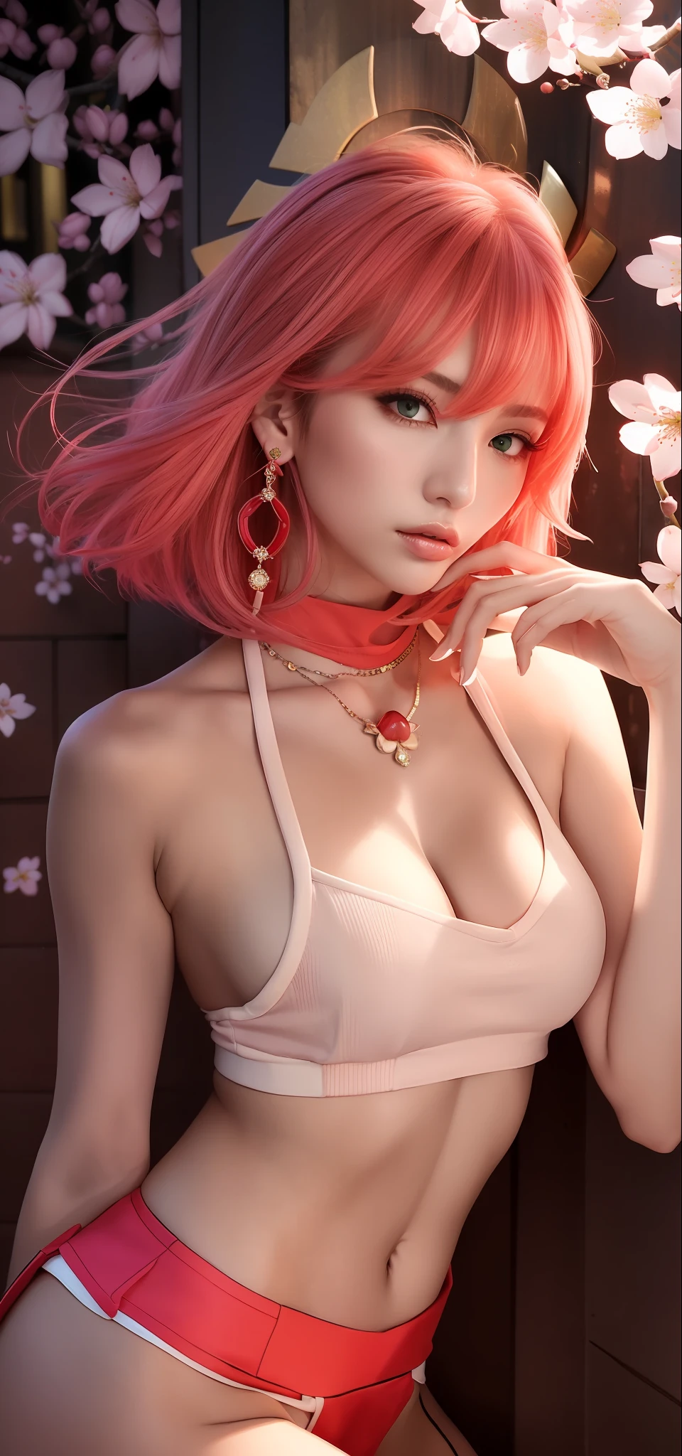 (Masterpiece, Superb Quality, 1Girl, Solo, Complex Details, Color Aberration), Realism, ((Medium Breath)), Bare Shoulders, Big Breasts, Sexy, Raiden General, Long Pink Hair, Red Headdress, Red Highlight, Hair Above One Eye, Green Eyes, Earrings, Sharp Eyes, Perfect Symmetrical Figure, Choker, Neon Shirt, Open Jacket, Turtleneck Sweater, Against the Wall, Brick Wall, Graffiti, Dim Lights, Alley, Looking at the Audience, ((Mean, Seductive, Glamorous)), (((Cherry blossom background))),((Japanese temple background)))), (((Glow-in-the-dark background)))