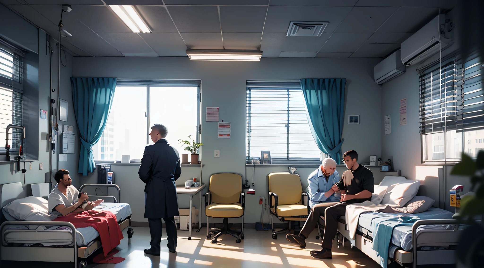 Three men chatting in a hospital ward
