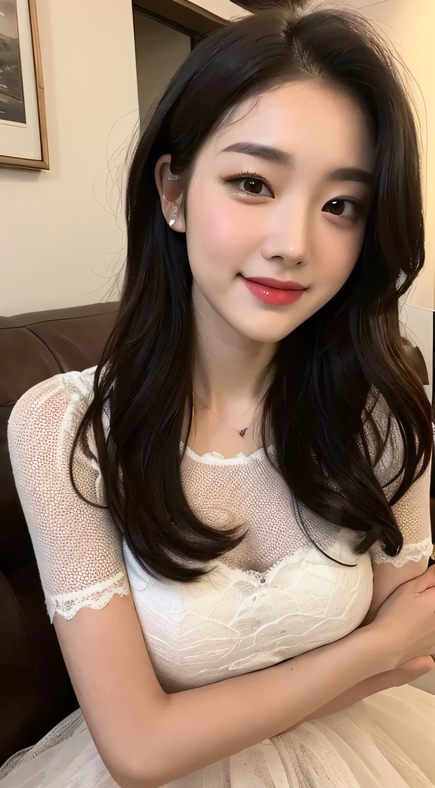 ((Best Quality, 8K, Masterpiece: 1.3)), 1girl, Slim Abs Beauty: 1.3, (Long Hair, Big Breasts: 1.2), Dress: 1.1, Super Fine Face, Like Liu Yifei, Delicate Eyes, Double Eyelids, Smile, Dimples, Sofa, Home