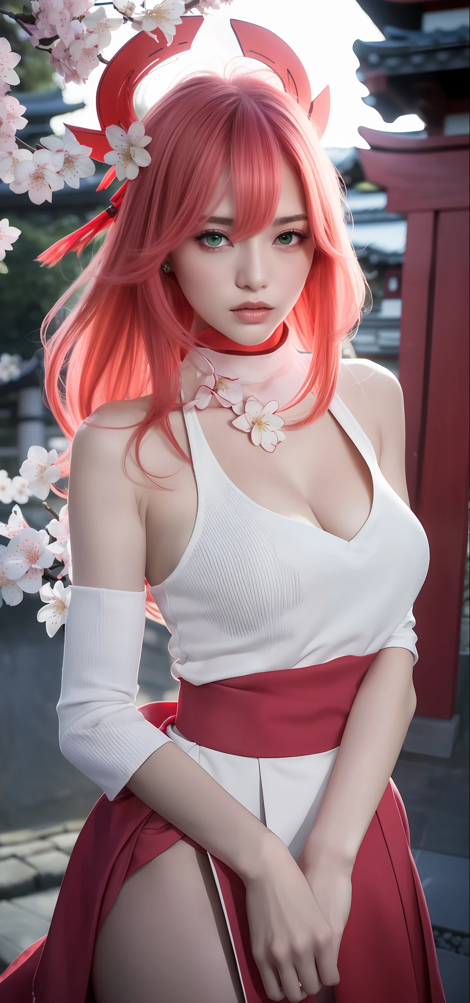 (Masterpiece, Superb Quality, 1Girl, Solo, Complex Details, Color Aberration), Realism, ((Medium Breath)), Bare Shoulders, Big Breasts, Sexy, Raiden General, Long Pink Hair, Red Headdress, Red Highlight, Hair Above One Eye, Green Eyes, Earrings, Sharp Eyes, Perfect Symmetrical Figure, Choker, Neon Shirt, Open Jacket, Turtleneck Sweater, Against the Wall, Brick Wall, Graffiti, Dim Lights, Alley, Looking at the Audience, ((Mean, Seductive, Glamorous)), (((Cherry blossom background))),((Japanese temple background)))), (((Glow-in-the-dark background)))