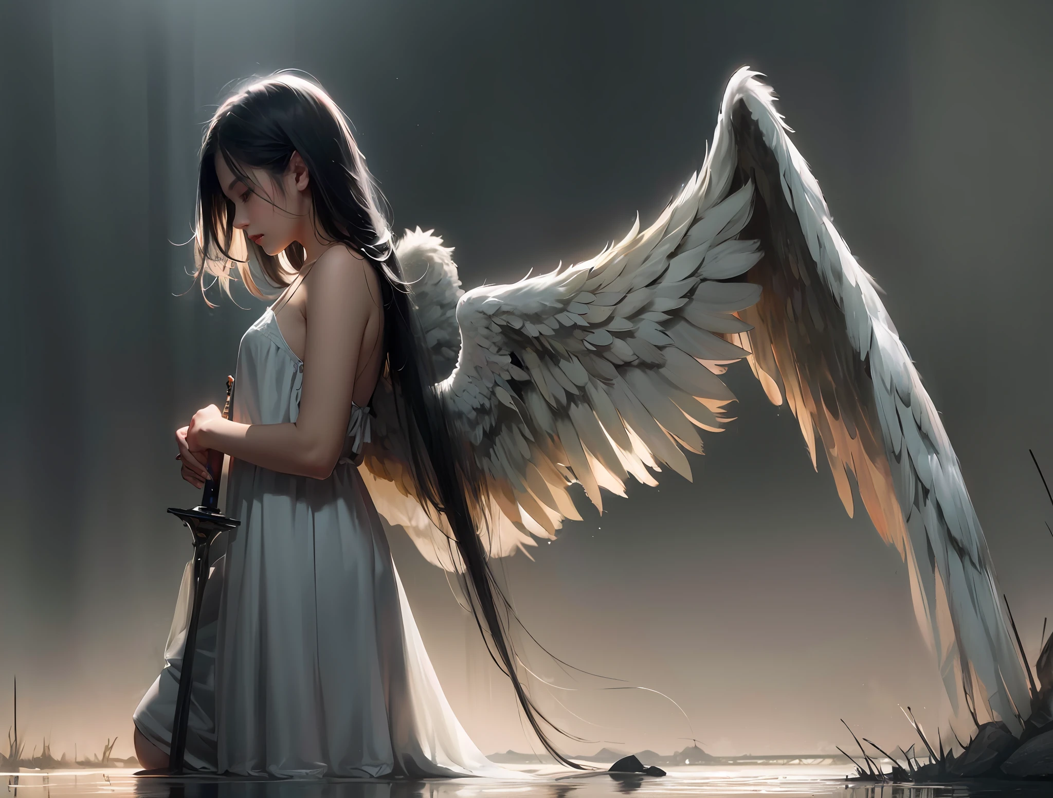 A fallen angel, cloaked in tattered cloaks, embodies a sense of desolation, darkness and oppression. Their aura is broken, symbolizing their loss of divinity. Shoot full-body shots that emphasize the angel's messy appearance, dirty and unkempt hair, sad side silhouette and torn wings. The broken swords that highlight their bloodstained represent their fall from favor and the battles they fought. Envelop the angels with a vague and ethereal ghostly effect that enhances the atmosphere of silence and silence. The scene was drenched in darkness with minimal light, exacerbating the sense of isolation. Photography, using dramatic lighting and wide-angle shots to emphasize the presence of fallen angels and the emotional depth of the composition. Stand the sword on the ground and take a full picture