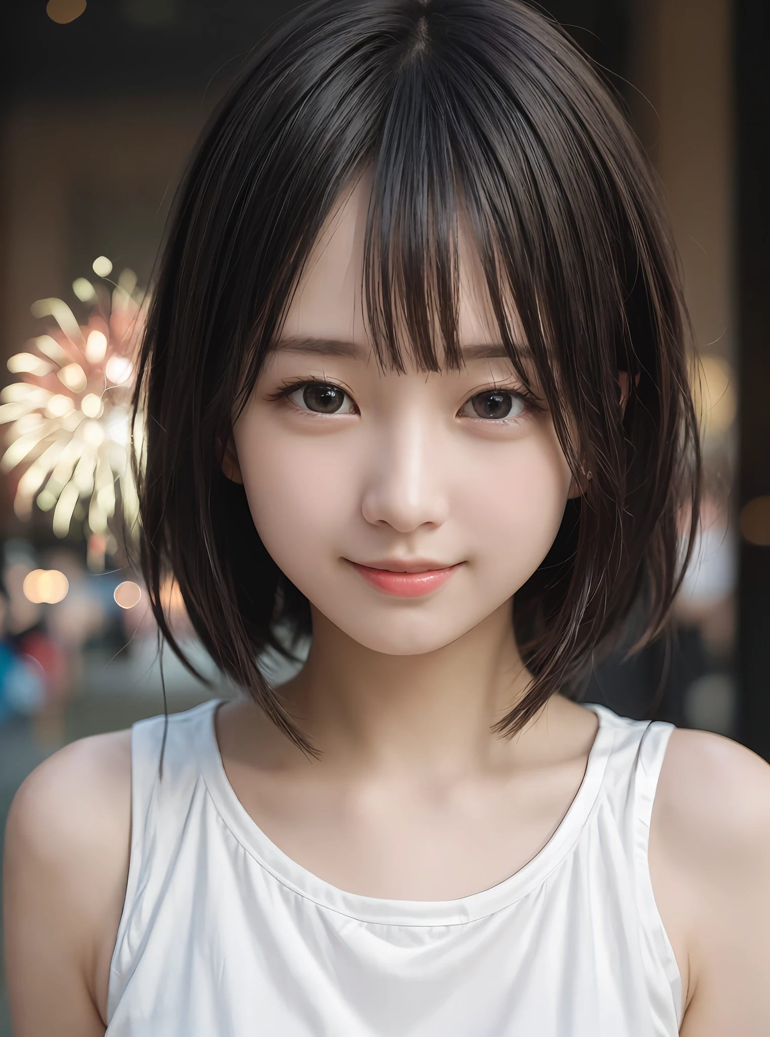 Masterpiece, Best Quality, 8K, Absurdity, (Upper Body:1.4), White Shirt, Beautiful Girl, Pretty Face, Look Viewer, Smile, Ultra Realistic, High Resolution, Photography, Film Grain, Chromatic Aberration, Sharp Focus, HDR, Face Light, Dynamic Lighting, Movie Lighting, Professional Shadows, Simple Background, (Dull Yellow Background: 1.4), Supreme Detail, Very Detailed, Ultra Detailed, Fine Detail, Real skin, Delicate facial features, Detailed face and eyes, Sharp pupils, realistic pupils, (Korean, Japanese, Chinese: 0.4), fireworks display, summer festival, smiling face