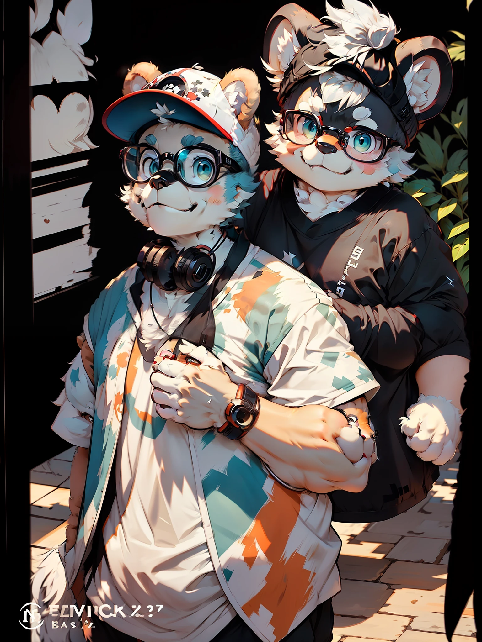It was a bear, wearing a black T-shirt, a black and white cap, round-rimmed glasses, looking at the camera, smiling, fluffy, a fat man, thick arms, a strong body, a little fat man, very, very cute fat face, very young, a little child with blue and white hair, furry