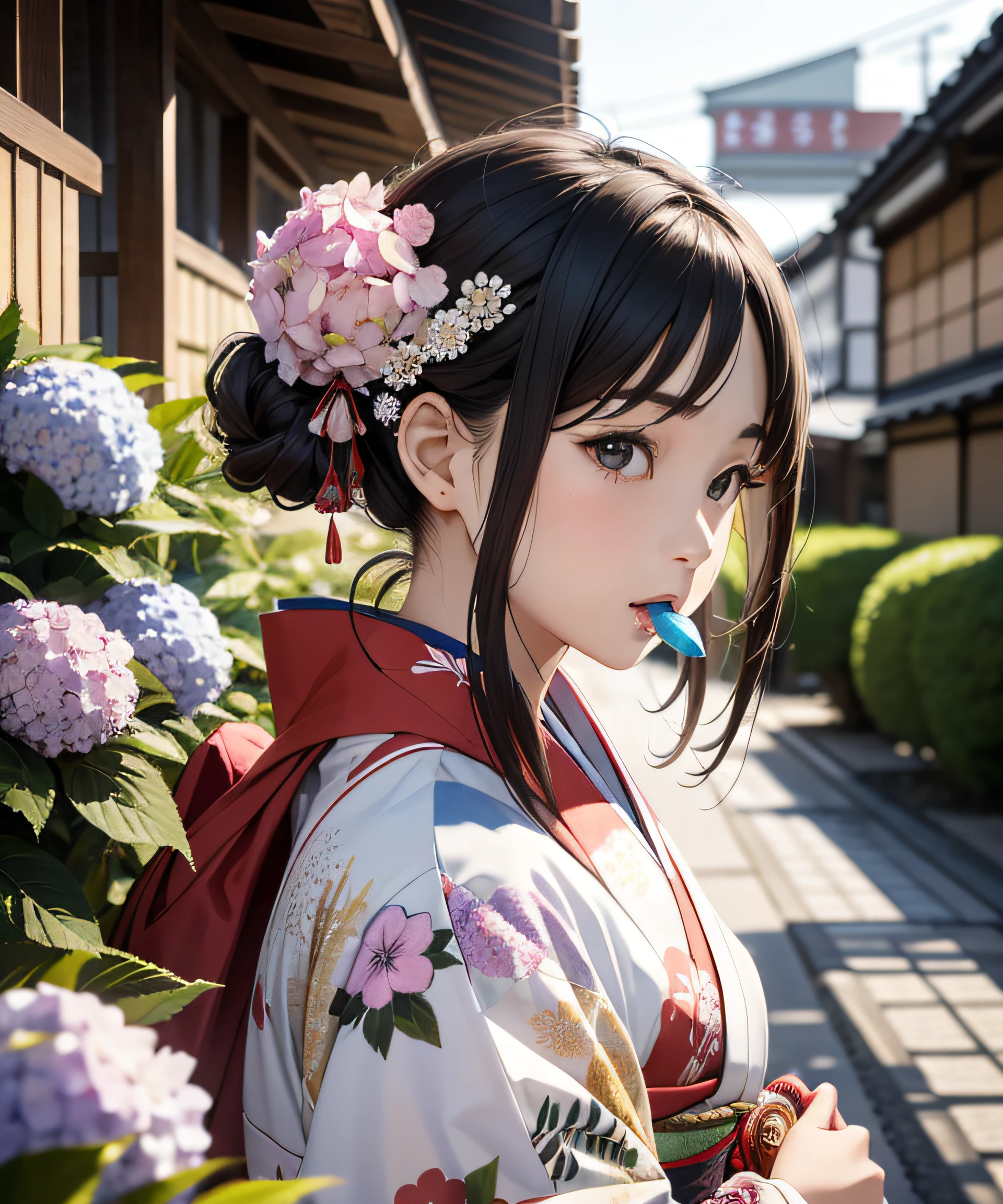 Masterpiece, realistic, Japan kimono woman with unaju, 18 years old, hydrangea patterned kimono, hydrangea shaped hair ornament, photorealistic, one black child around the eyes