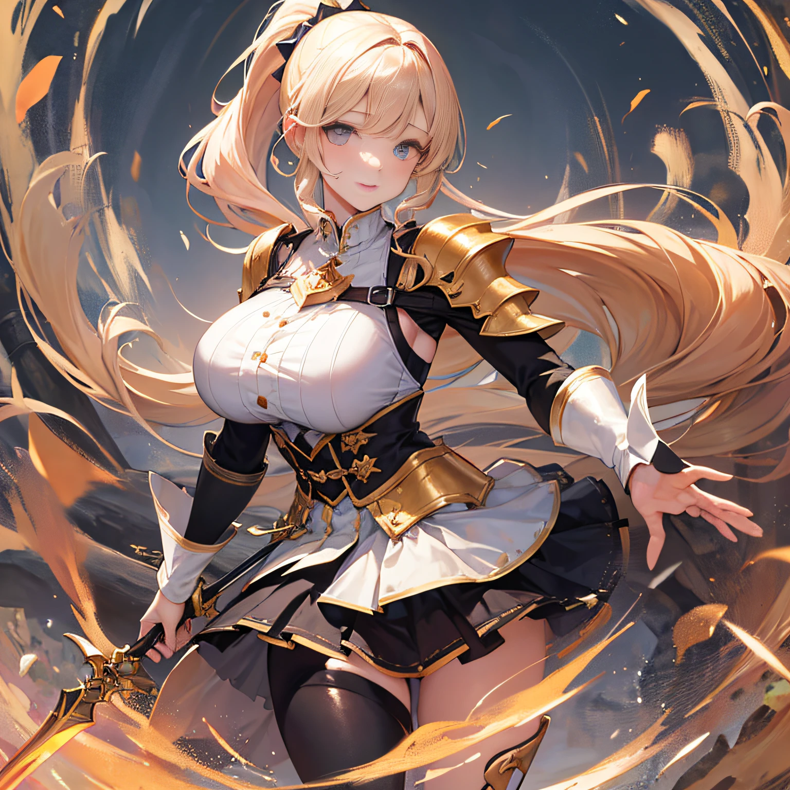 Peerless beauty, perfect slim body, mature royal sister face, long hair, curly hair, knight battle suit, sexy and seductive, beautiful face, full body portrait, standing pose, 4K picture quality, feminine expression, blush shyness, star-like deep eyes, huge breasts, short skirt, sword and magic. The bust is greatly large, fighting with Warcraft, speed lines, the best quality, masterpieces. Double ponytail