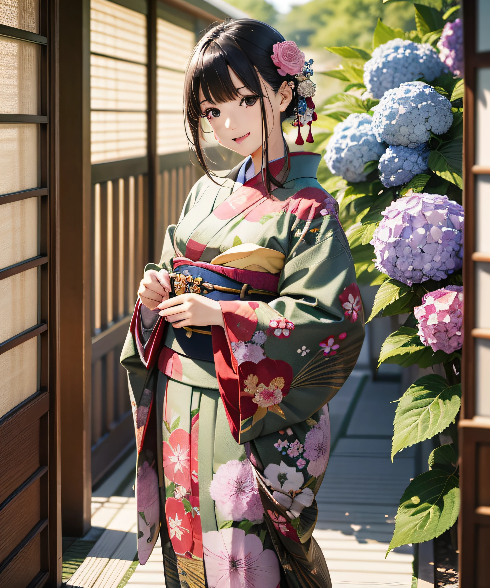 Masterpiece, realistic, Japan kimono woman with unaju, 18 years old, kimono with hydrangea pattern, hydrangea shaped hair ornament, photorealistic, one black child in the mouth