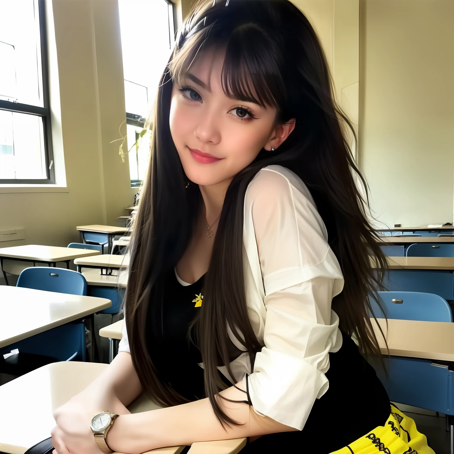 A sexy girl with long black hair sitting on the table inside class room