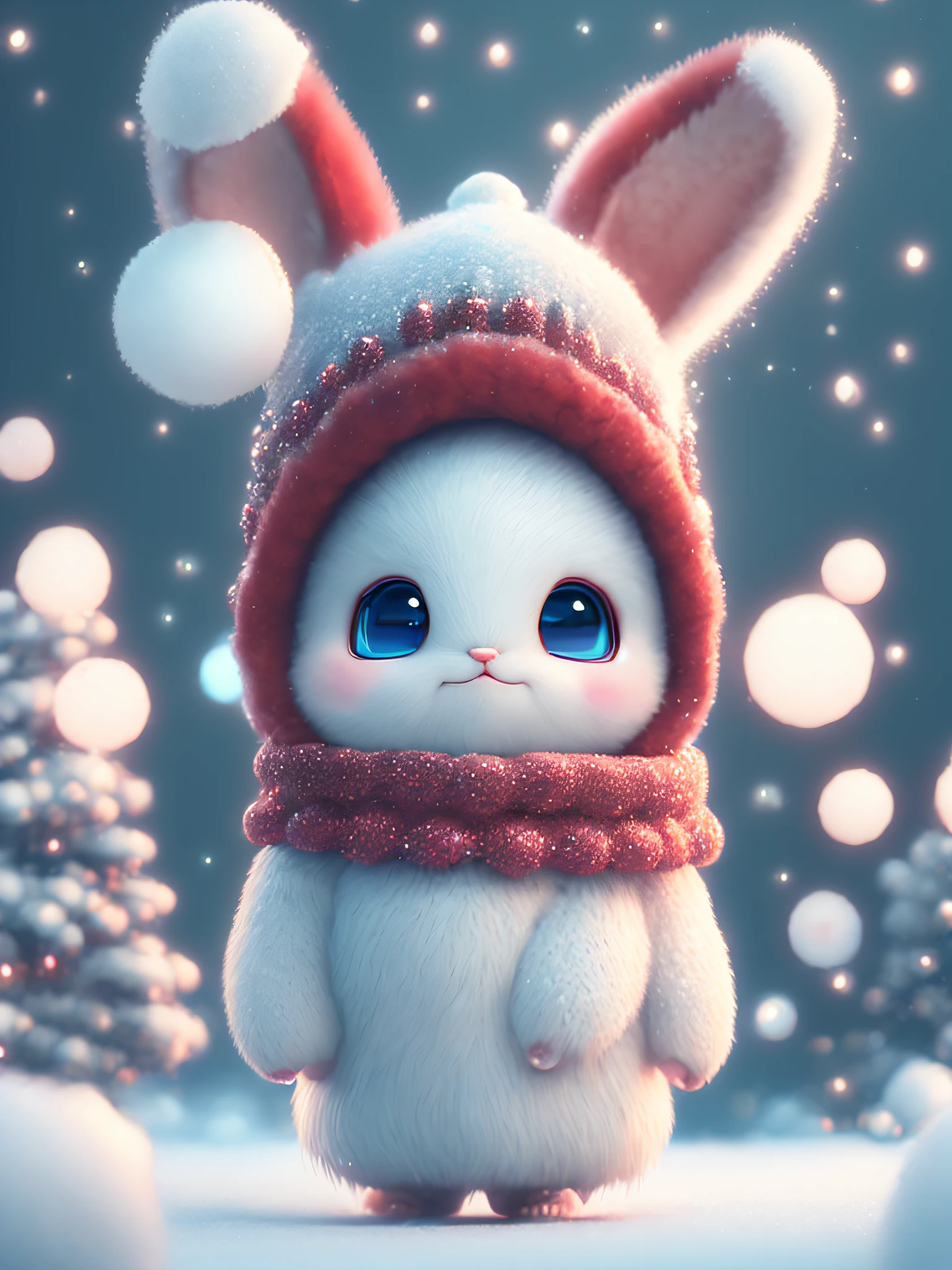 A winter full of regrets, drifting snow, super cute Pixar style little white rabbit, sparkling snow white fluffy, bright big eyes, furry tail, wearing a red sweater, wearing a red hat, smiling, sophisticated, fairytale, incredibly high detail, Pixar style, bubbles, bright colors, natural light, simple background in solid colors, cinema lens, 5 and octane rendering, artstation trend, gorgeous, ultra wide angle, 8k, HD realistic, 8k HD, mobile phone pictures, v 4 q 2 2