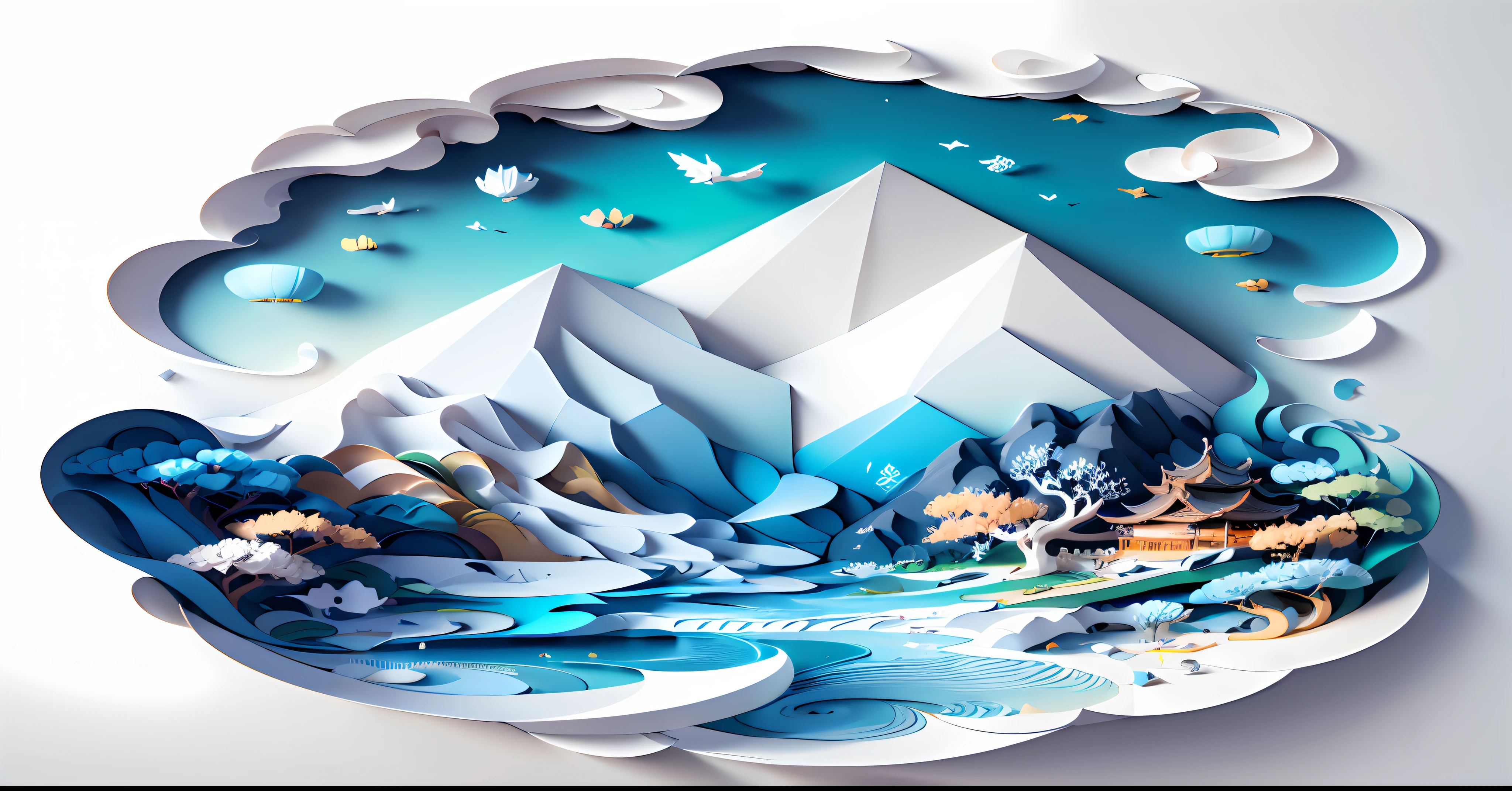 Traditional Chinese landscape painting, paper creation, 3D stereoscopic rendering, color gradient from white to light blue, 4K resolution, simple and natural composition, :white background, fresh and vulgar style. (:nature:)