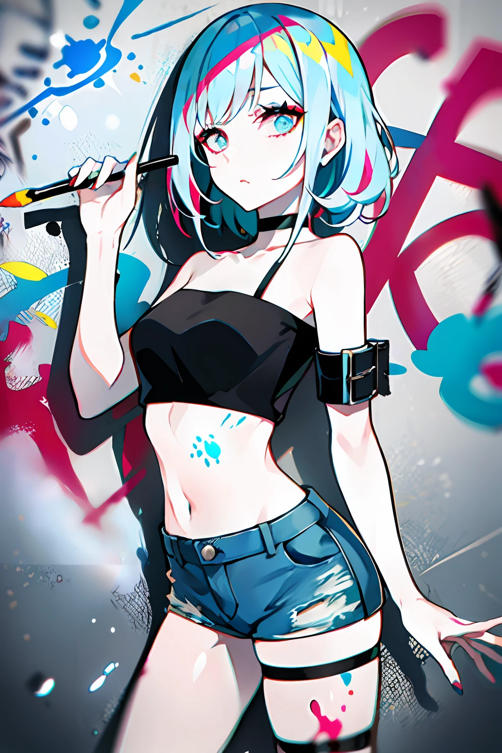 Absurdity, Top Quality, 1 Girl, Solo, Striped Hair, White Crop Top, Dark Denim Shorts, Choker, (graffiti: 1.25), Paint Splatter, Arms Behind Back, (Slouch), Leaning Back, Leaning Against the Wall, (Tilted to the Side: 0.125), Watch the Viewer, Armbands, Thigh straps, Striped hair, Paint on the body, Eyes directed upwards, Head down, tilt your head, (from the side: 0.9), bored, (expressionless: 0.75), ram \ (ramdayo \),