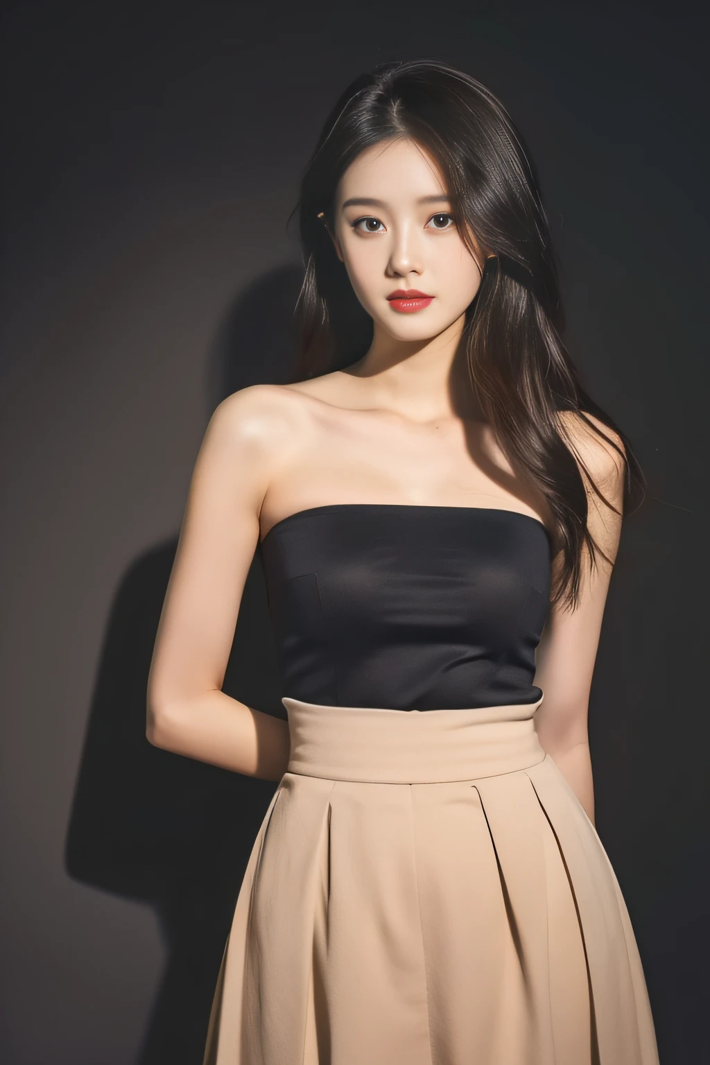 "Best quality, masterpiece, super high resolution, original photo, beautiful beauty, dark shadows, dark theme, realistic: 1.4, a girl with long hair, (bandeau, pleated skirt), small face, perfect waist-hip ratio facing the camera.