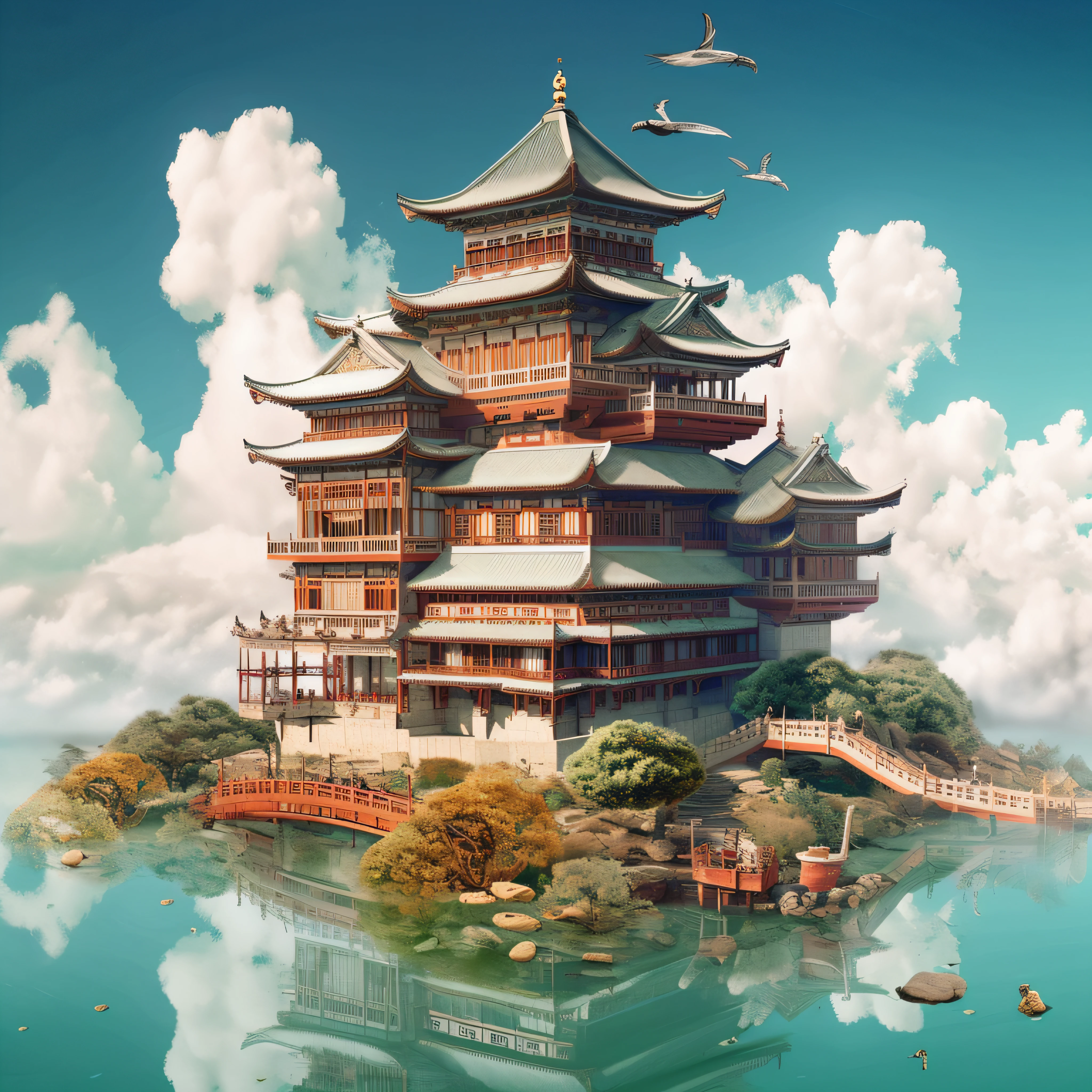 Chinese style illustration Yellow Crane Tower Dongting Lake Lakeside, ancient building, white crane, plane tree