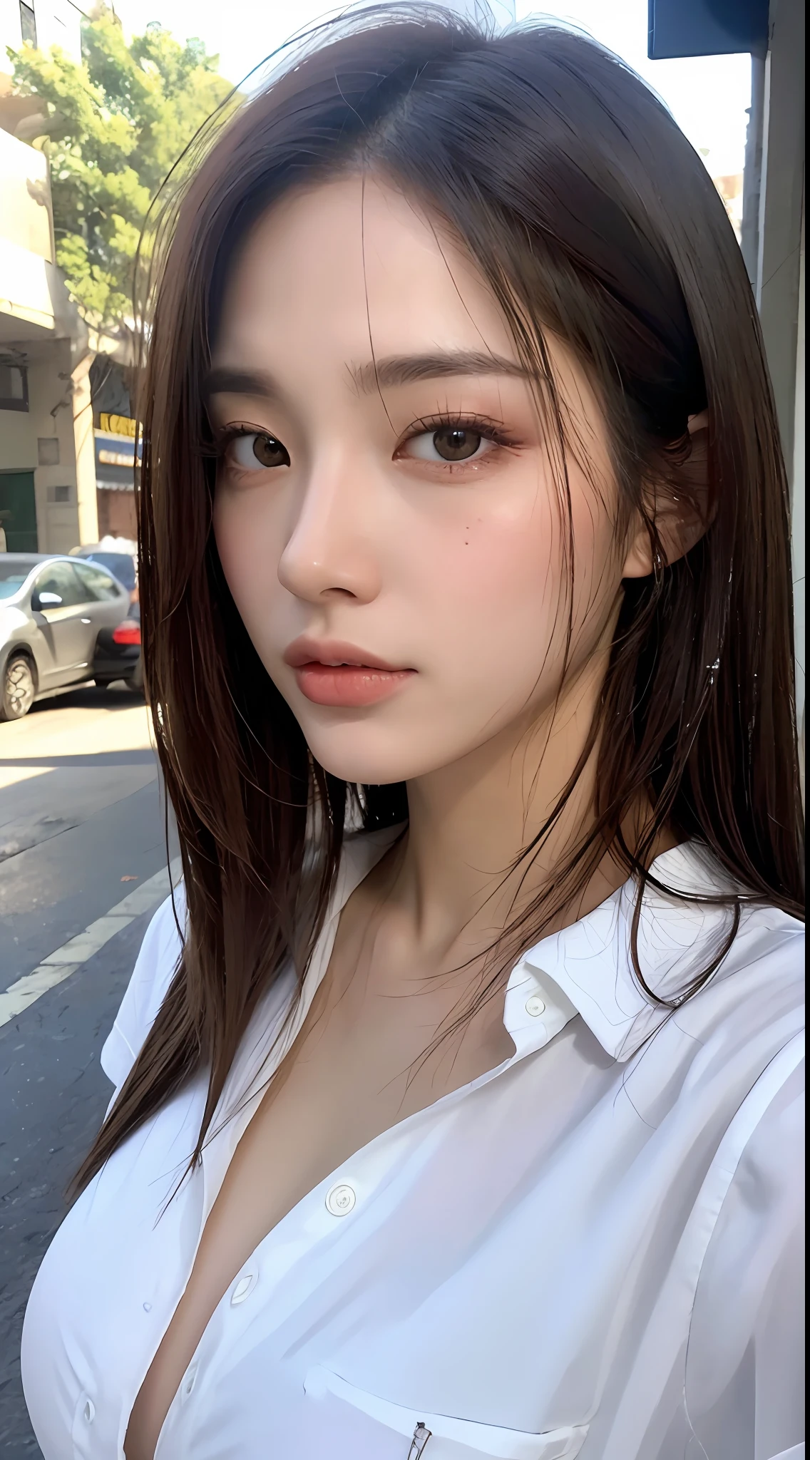 ((Best Quality, 8K, Masterpiece: 1.3)), Sharp: 1.2, Perfect Body Beauty: 1.4, Slim Abs: 1.2, ((Layered Hairstyle, Big Breasts: 2.2)), (Wet Open White Button Long Shirt: 1.1), (Rain, Street: 1.2), Wet: 1.5, Highly detailed face and skin texture, detailed eyes, double eyelids, side face looking at the camera