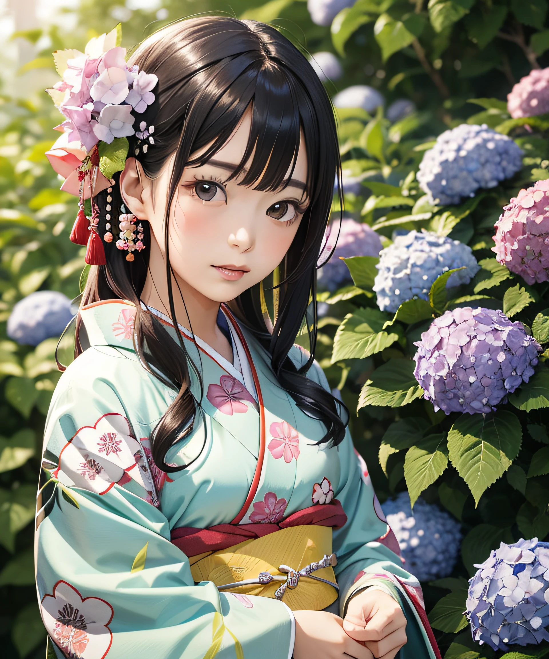 Masterpiece, realistic, Japan kimono woman with unaju, 18 years old, hydrangea patterned kimono, hydrangea shaped hair ornament, photorealistic, one black child around the eyes