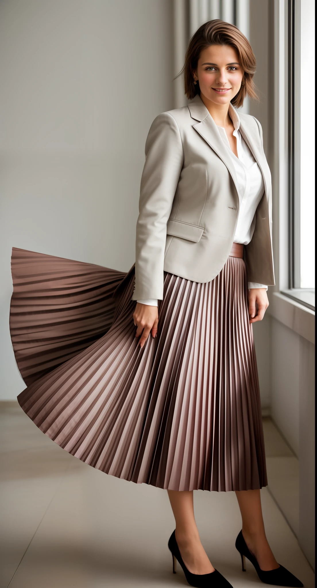 authentic (very shy smiling) good woman wearing a short blazer with a very very detailed (long (fully pleated) full circle skirt) and (simple) low heeled office shoes, very very intricate hyper-detailed symmetric (attractive graceful young feminine face) with (sad, tired eyes and shy smile:1,8), full of empathy and compassion and love, (pronounced (feminine) features), (highly detailed ultra accurate realistic) hands and fingers, (windy conditions and wind blowing), epic composition, highly detailed attributes, highly detailed atmosphere, (35mm f1.4 Kodak portra 400 photograph), extremely high quality RAW photograph, intricate, Exquisite details and textures,