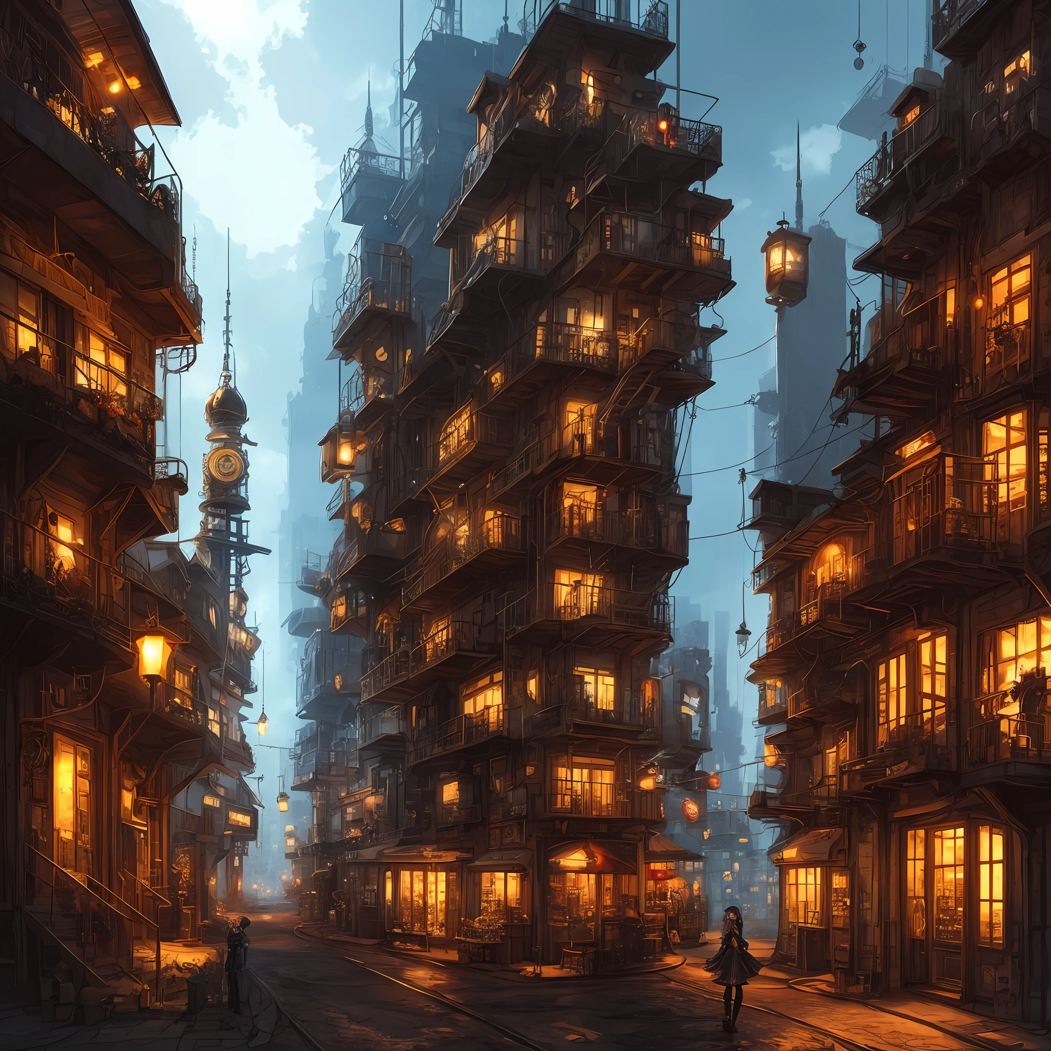 steampunk cityscape, steampunk fantasy style, steampunk fantasy, steampunk dystopian city, steampunk engineer, steampunk girl, steampunk inventor girl, steampunk beautiful anime woman, steampunk digital art, sci-fi steampunk, young girl in steampunk clothes, Like steampunk cyberpunk, digital steampunk art, steampunk city, Minami Hamabe
