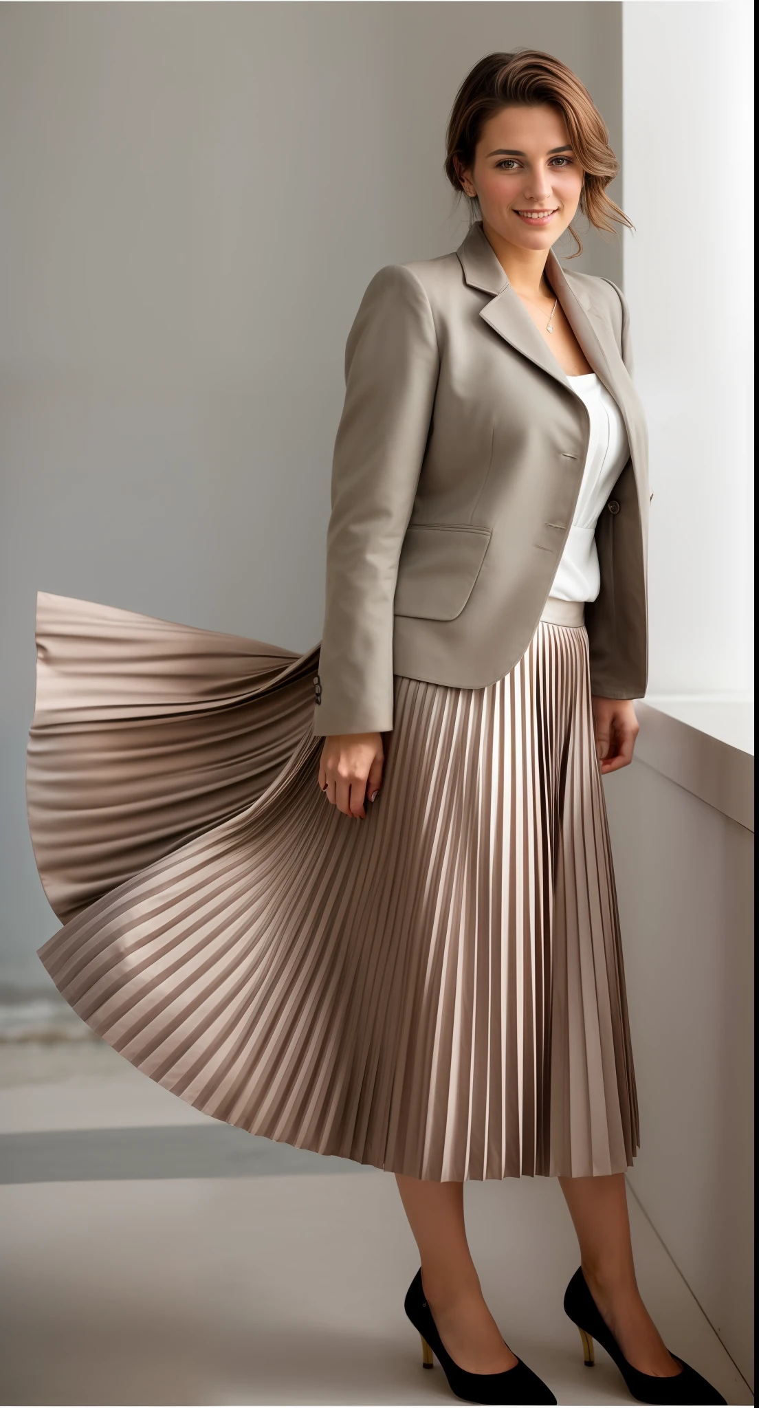 authentic (very shy smiling) good woman wearing a short blazer with a very very detailed (long (fully pleated) full circle skirt) and (simple) low heeled office shoes, very very intricate hyper-detailed symmetric (attractive graceful young feminine face) with (sad, tired eyes and shy smile:1,8), full of empathy and compassion and love, (pronounced (feminine) features), (highly detailed ultra accurate realistic) hands and fingers, (windy conditions and wind blowing), epic composition, highly detailed attributes, highly detailed atmosphere, (35mm f1.4 Kodak portra 400 photograph), extremely high quality RAW photograph, intricate, Exquisite details and textures,