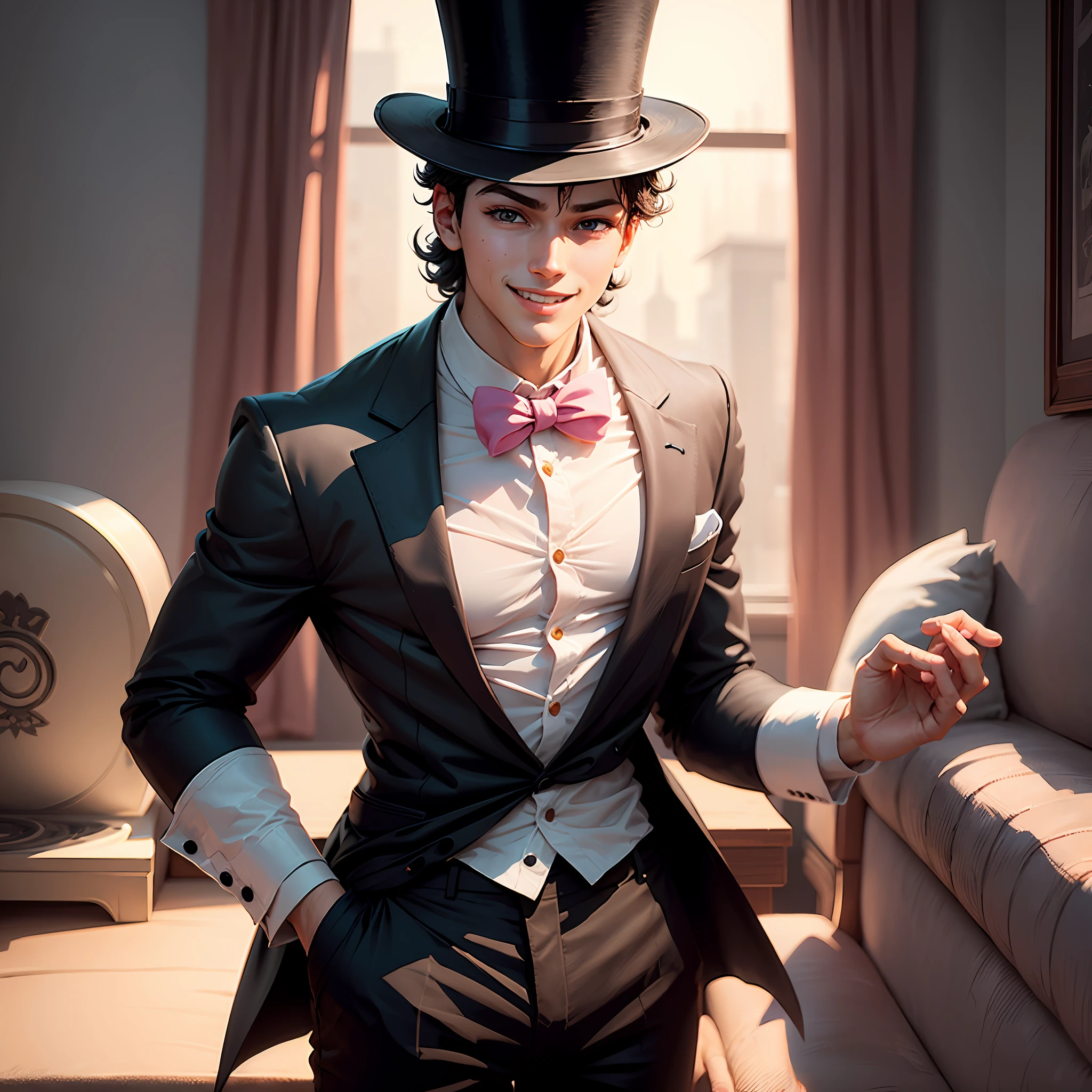 A young boy animation style from the anime Jojo, he has black curly hair, wears a top hat and has pink eyes and a serene smile --auto