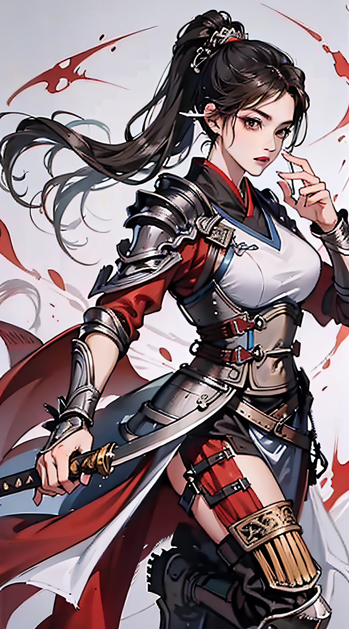 Chinese style, ancient battlefield, an ancient Chinese female general, holding a sword in her hand, grim expression, full body, amazing facial features, red robe, armor, boots, yellow sand in the sky, fleeing crowd, firelight, game model, stunning lighting, C4D, OC rendering, cinematic edge light, delicate light, masterpiece, super detailed, epic composition, super HD, high quality, highest quality, 32k