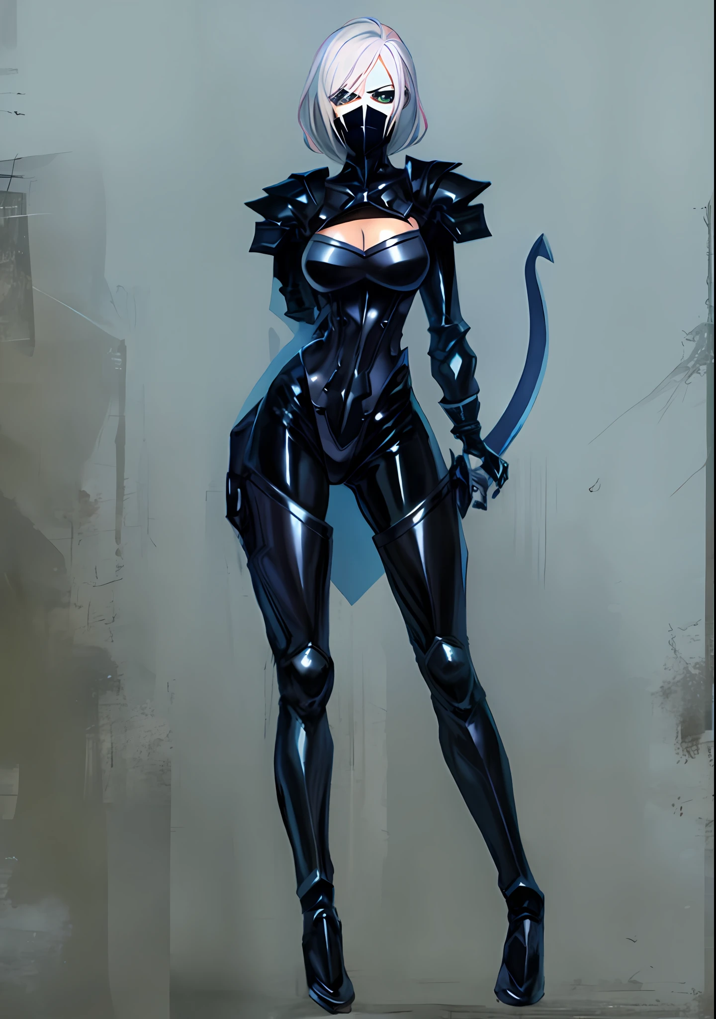 a drawing of a woman in a black outfit and a knife, full body concept, anime woman fullbody art, anime full body illustration, full body!, full body adoptable, detailed full body concept, pale black armor, gapmoe yandere grimdark, full body!!, menacing pose, badass pose, full body concept art, full body;, demon anime girl