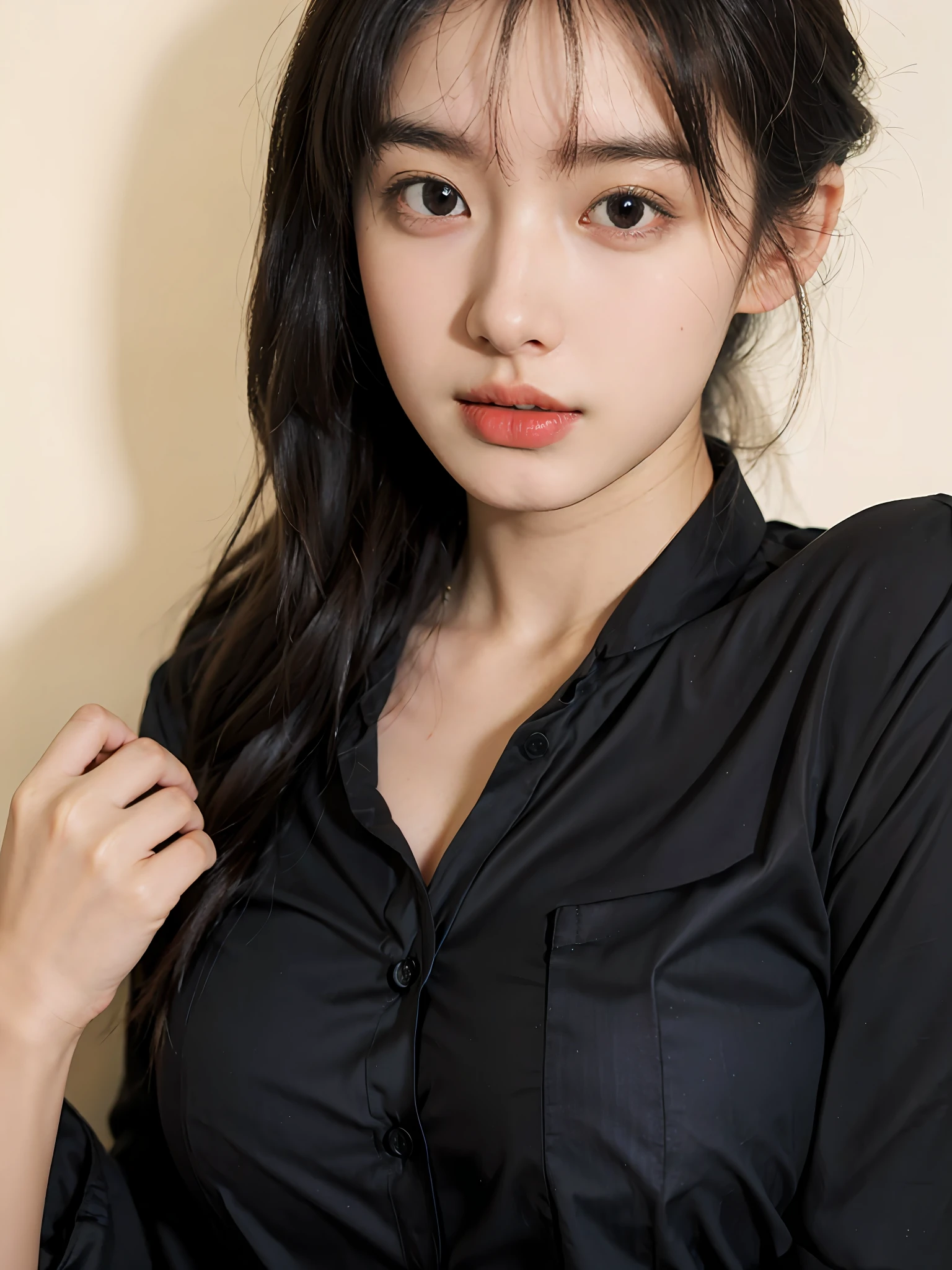 (Large breast:1.4),(shirt:1.4),(Best quality,masterpiece,ultra high res,(photorealistic:1.4),1girl,(:1.4),(partially unbuttoned:1.5),