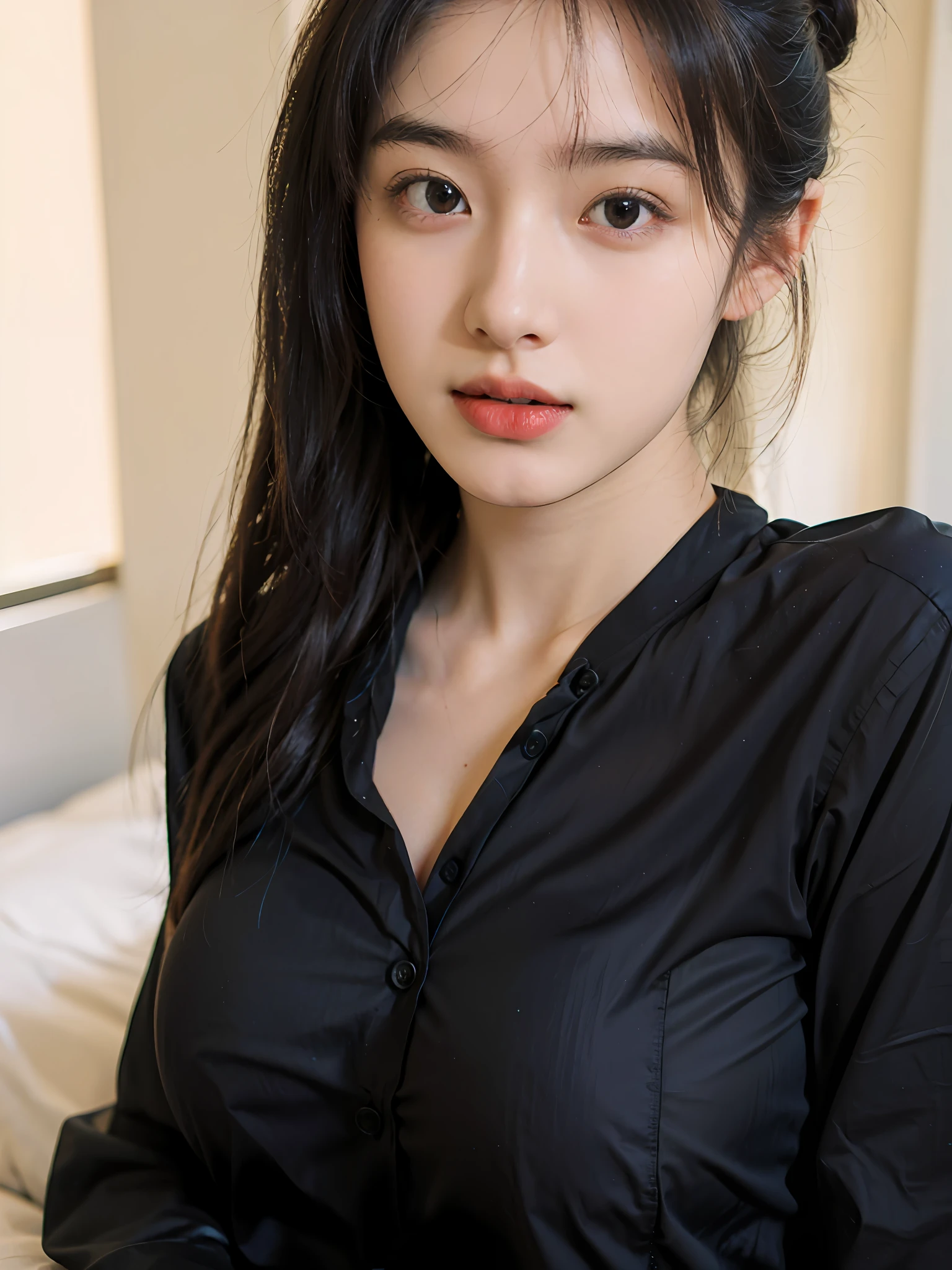 (Large breast:1.4),(shirt:1.4),(Best quality,masterpiece,ultra high res,(photorealistic:1.4),1girl,(16 years old:1.4),(partially unbuttoned:1.5),